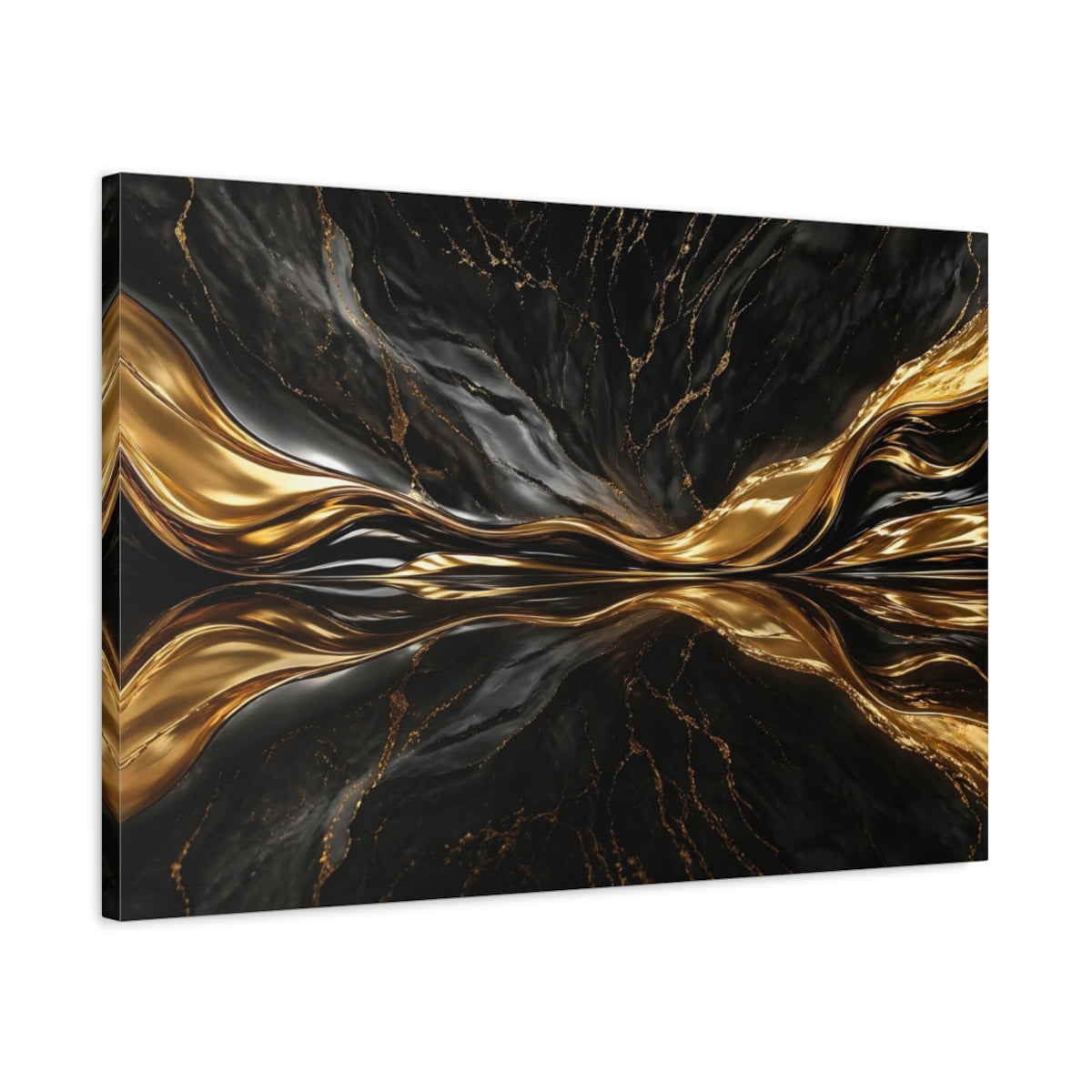 Side Mockup 2. Abstract Abstract Flow Black And Gold Abstract shown as stretched canvas wall art