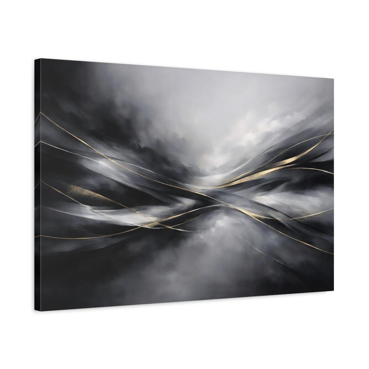 Side Mockup 2. Abstract Abstract Flow Black And Gold Abstract shown as stretched canvas wall art