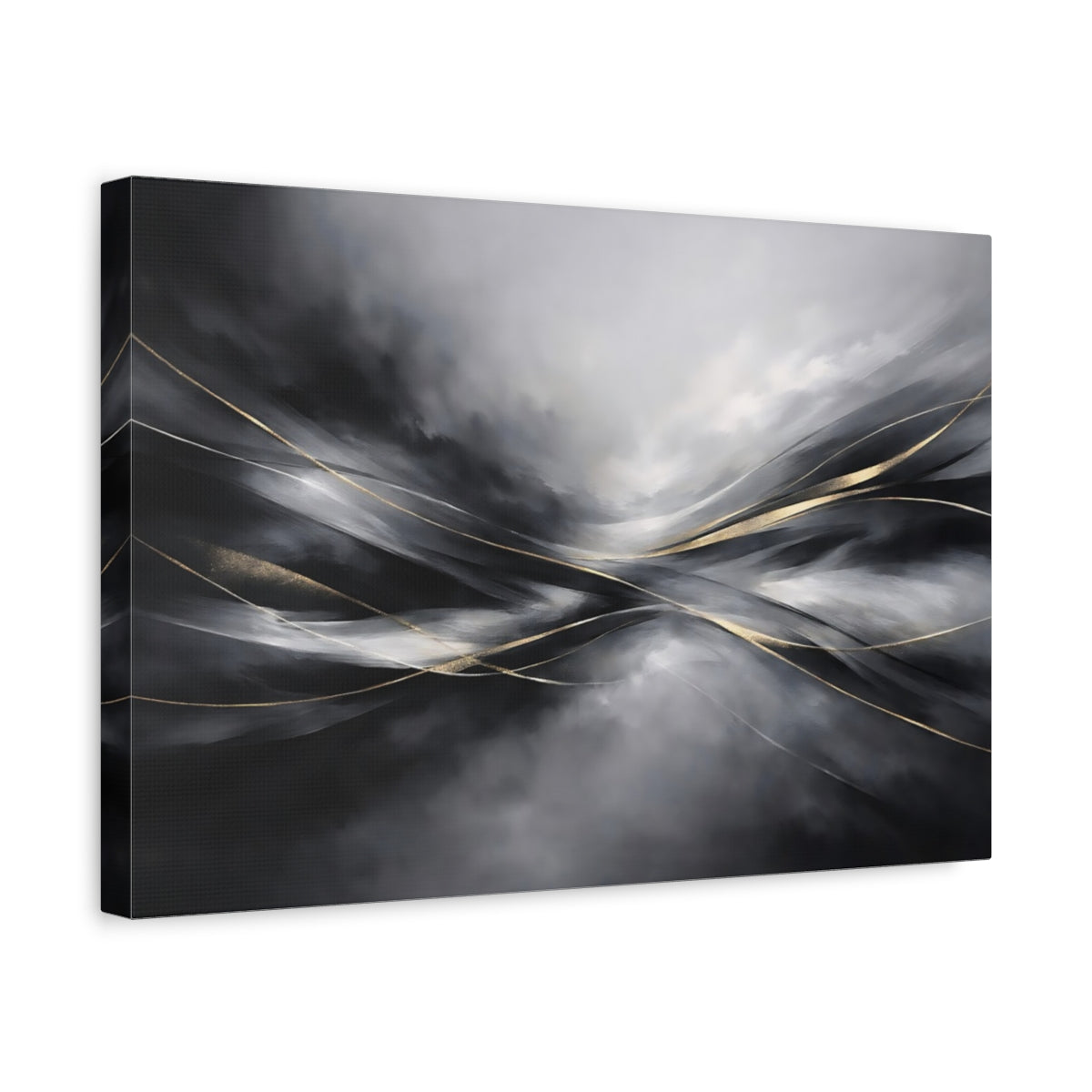 Side Mockup 4. Abstract Abstract Flow Black And Gold Abstract shown as stretched canvas wall art