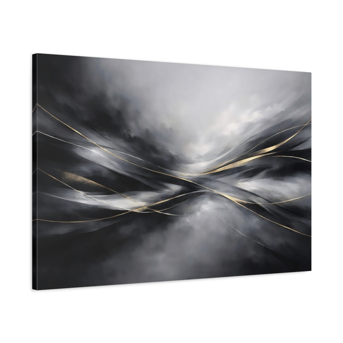 Side Mockup 1. Abstract Abstract Flow Black And Gold Abstract shown as stretched canvas wall art