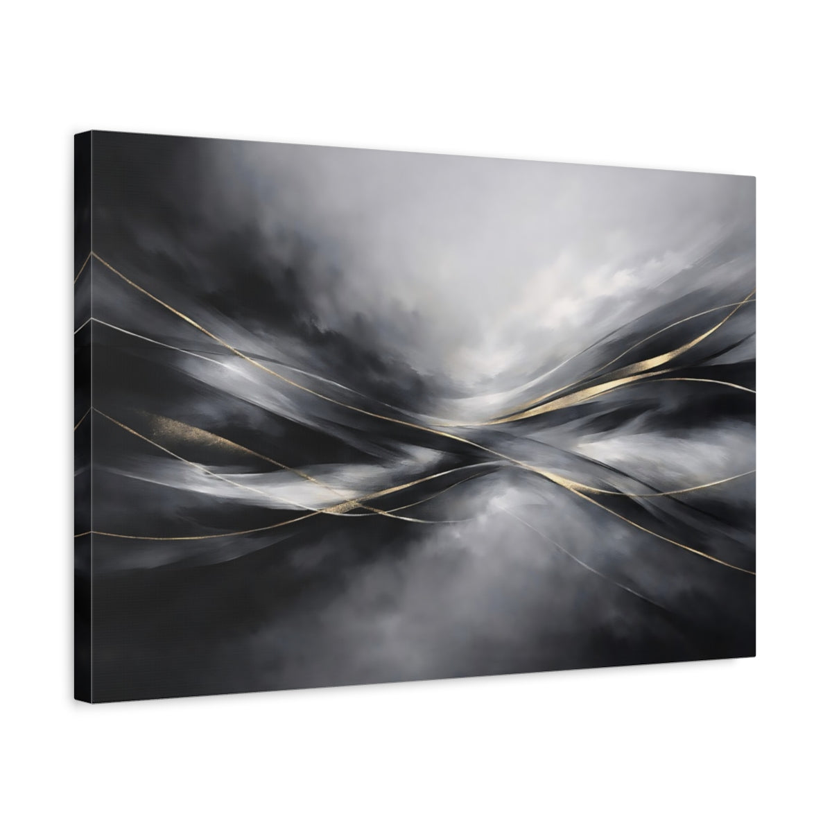 Side Mockup 3. Abstract Abstract Flow Black And Gold Abstract shown as stretched canvas wall art