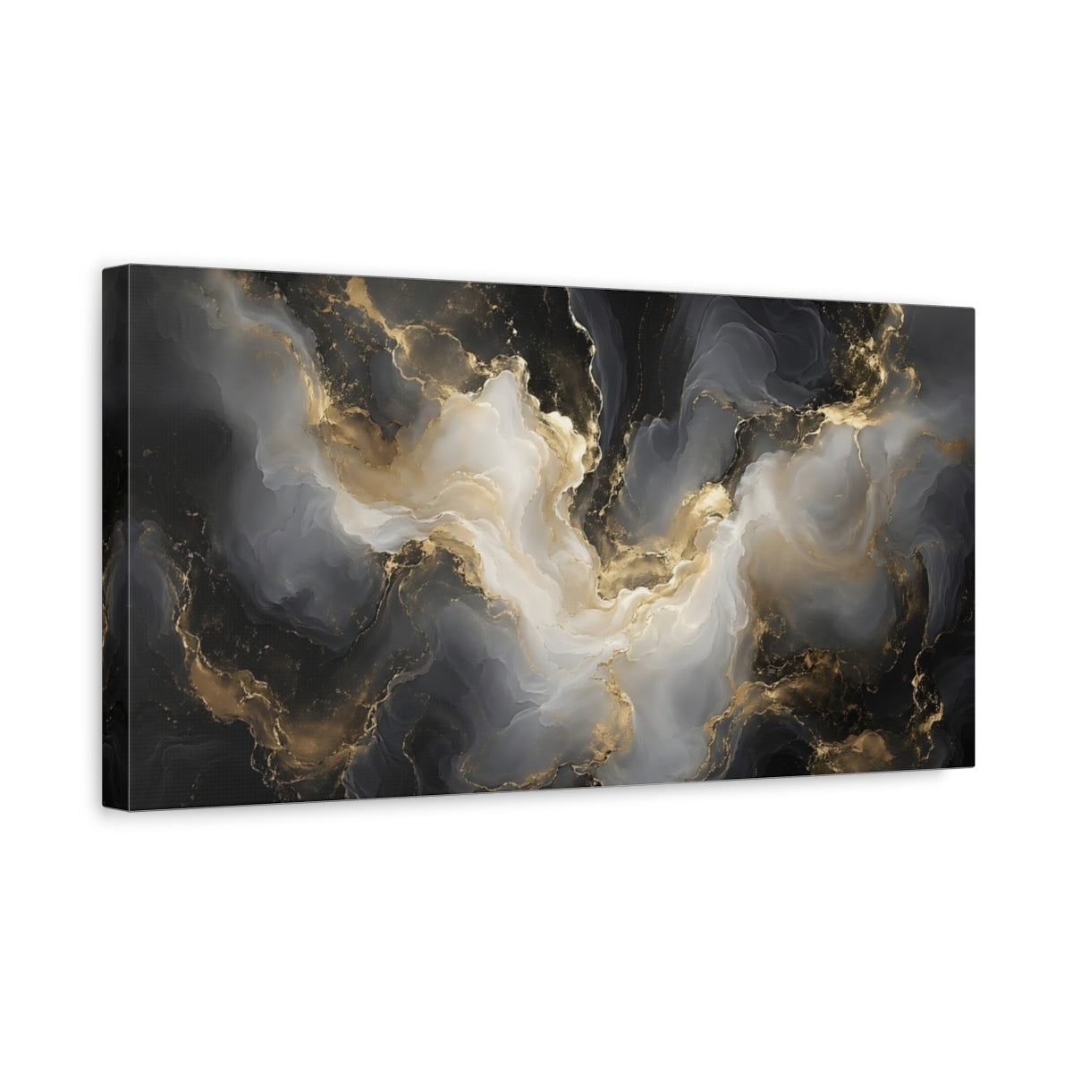 Side Mockup 3. Abstract Abstract Flow Black Gold Abstract shown as stretched canvas wall art