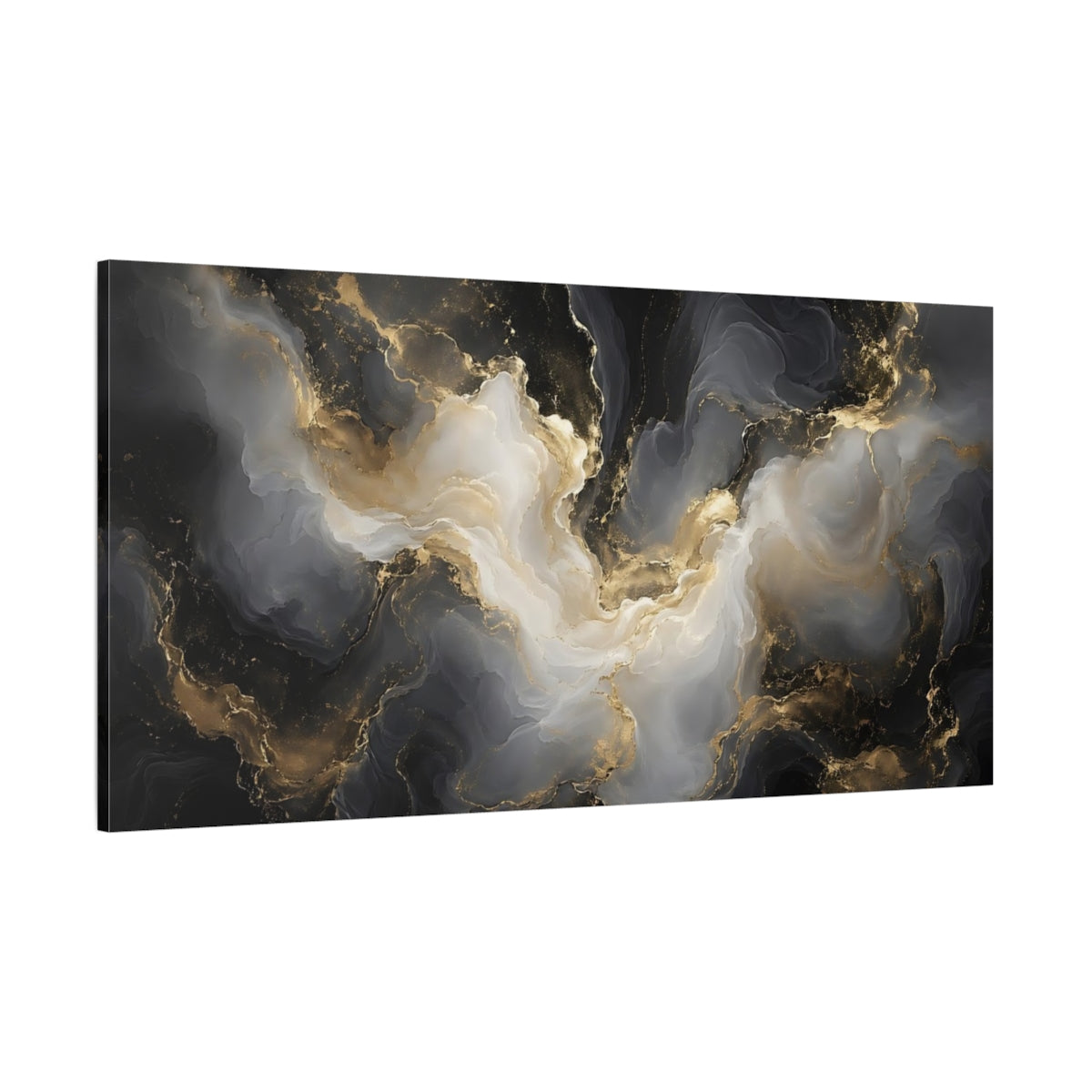 Side Mockup 2. Abstract Abstract Flow Black Gold Abstract shown as stretched canvas wall art