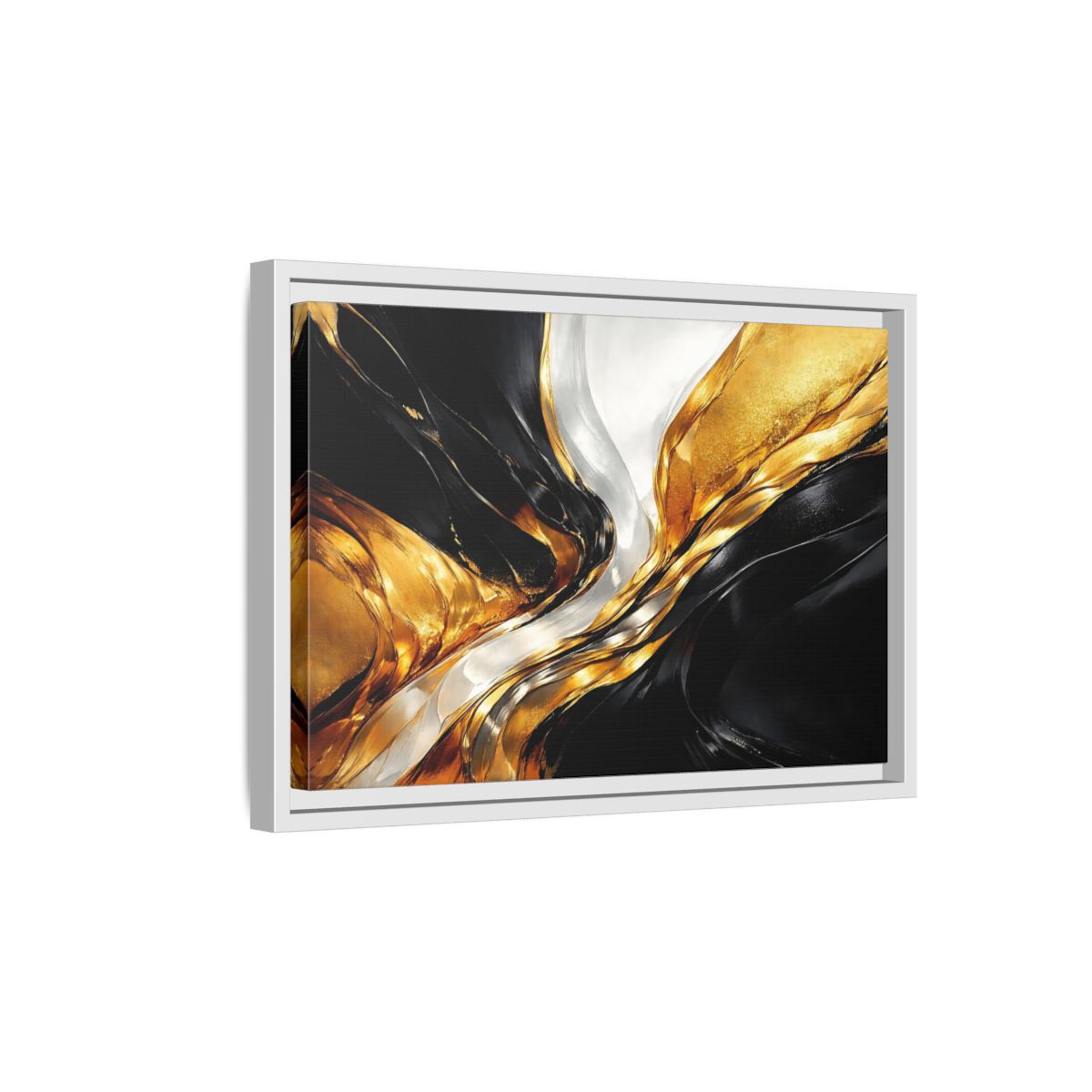 Side Mockup 4. Abstract Abstract Flow Black Gold Abstract shown as stretched canvas wall art
