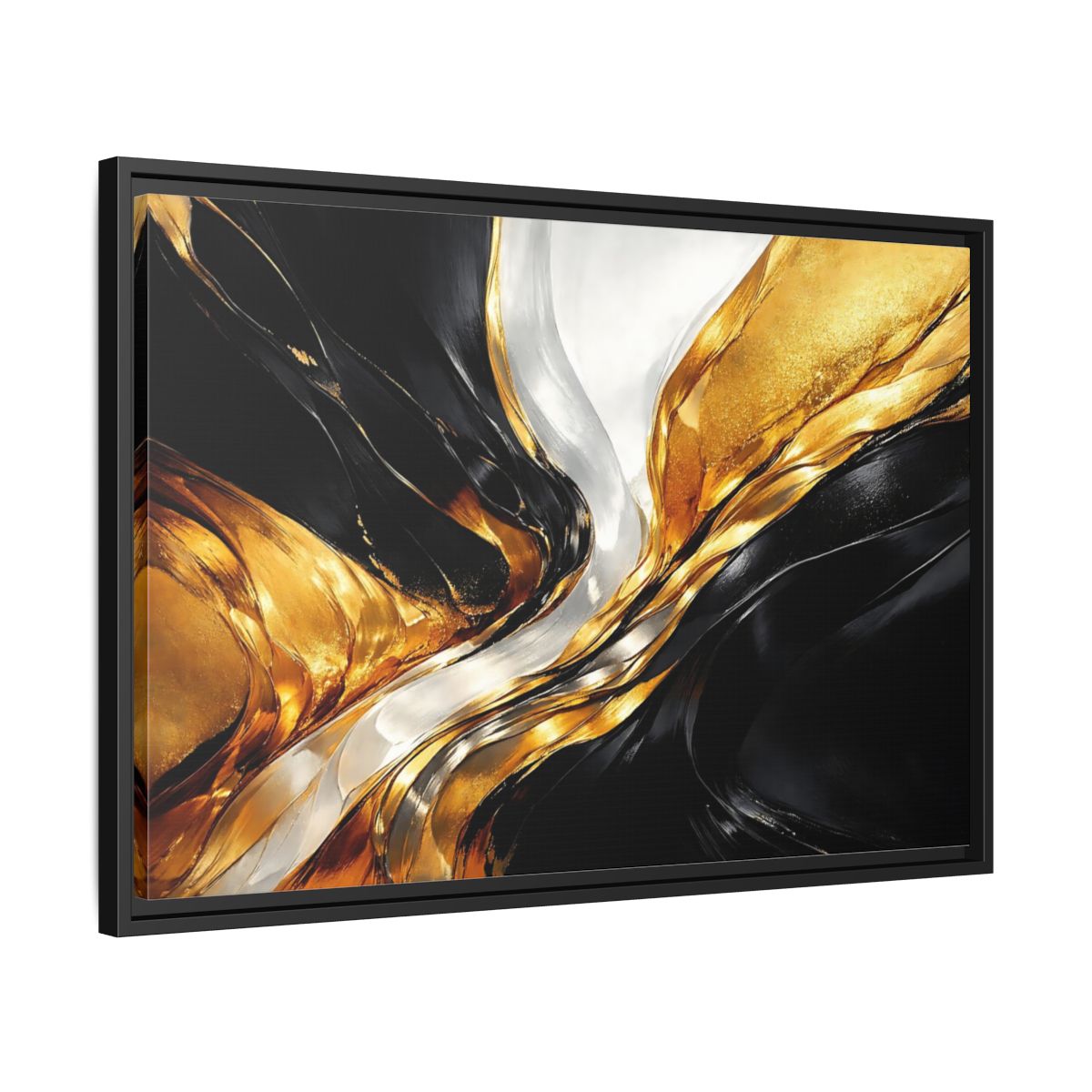 Side Mockup 14. Abstract Abstract Flow Black Gold Abstract shown as stretched canvas wall art