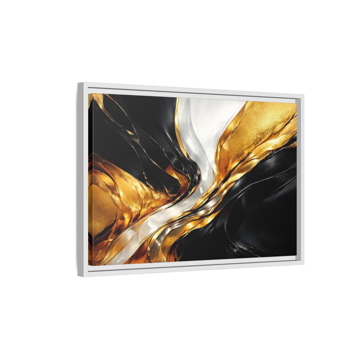 Side Mockup 1. Abstract Abstract Flow Black Gold Abstract shown as stretched canvas wall art