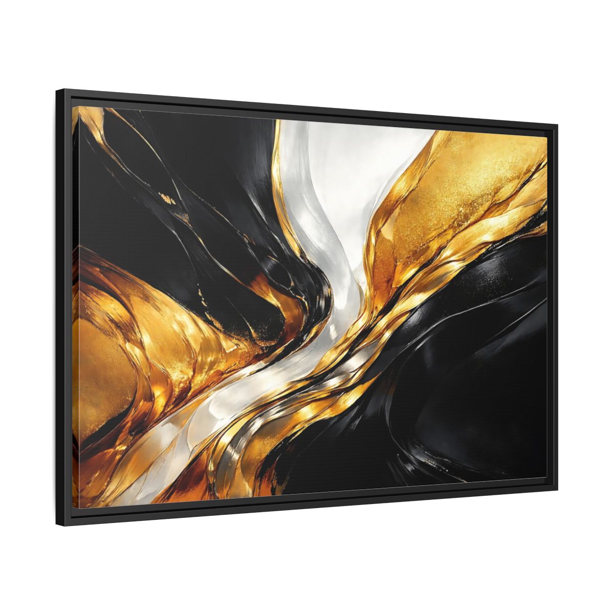 Side Mockup 13. Abstract Abstract Flow Black Gold Abstract shown as stretched canvas wall art