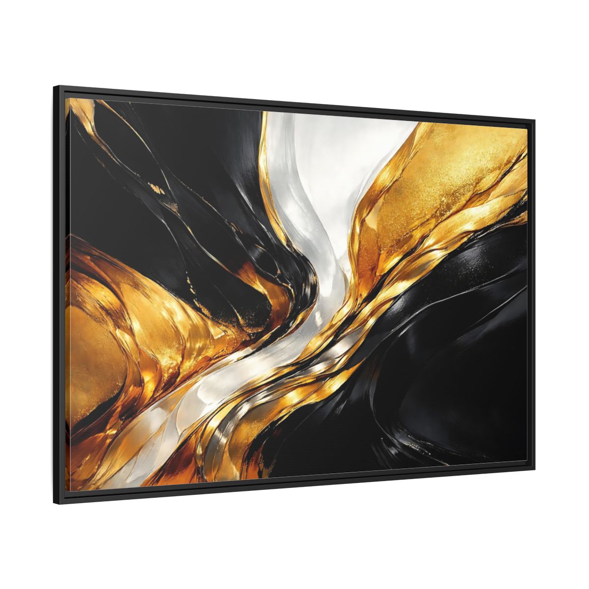 Side Mockup 12. Abstract Abstract Flow Black Gold Abstract shown as stretched canvas wall art