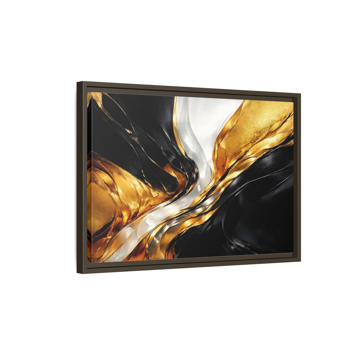 Side Mockup 2. Abstract Abstract Flow Black Gold Abstract shown as stretched canvas wall art