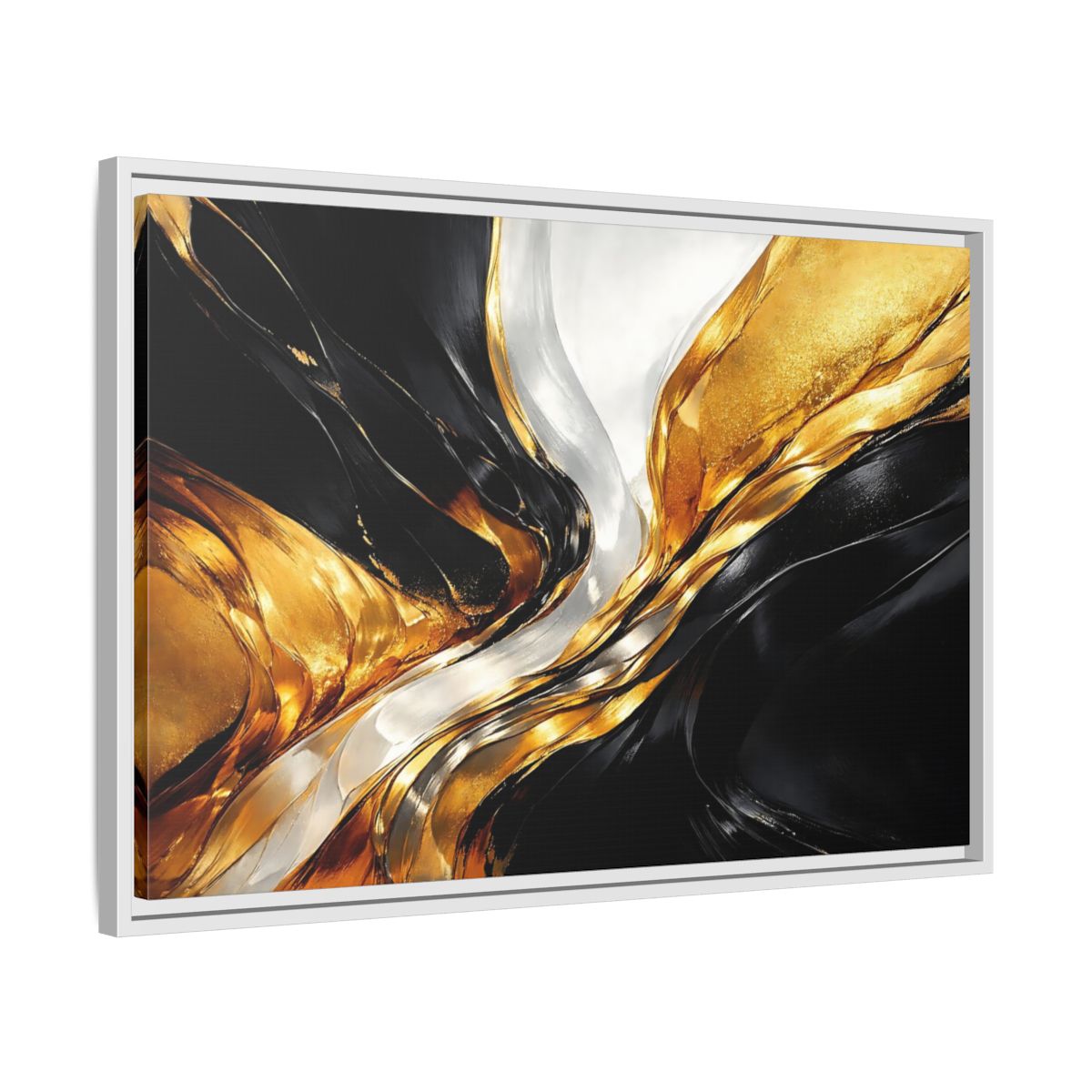 Side Mockup 10. Abstract Abstract Flow Black Gold Abstract shown as stretched canvas wall art