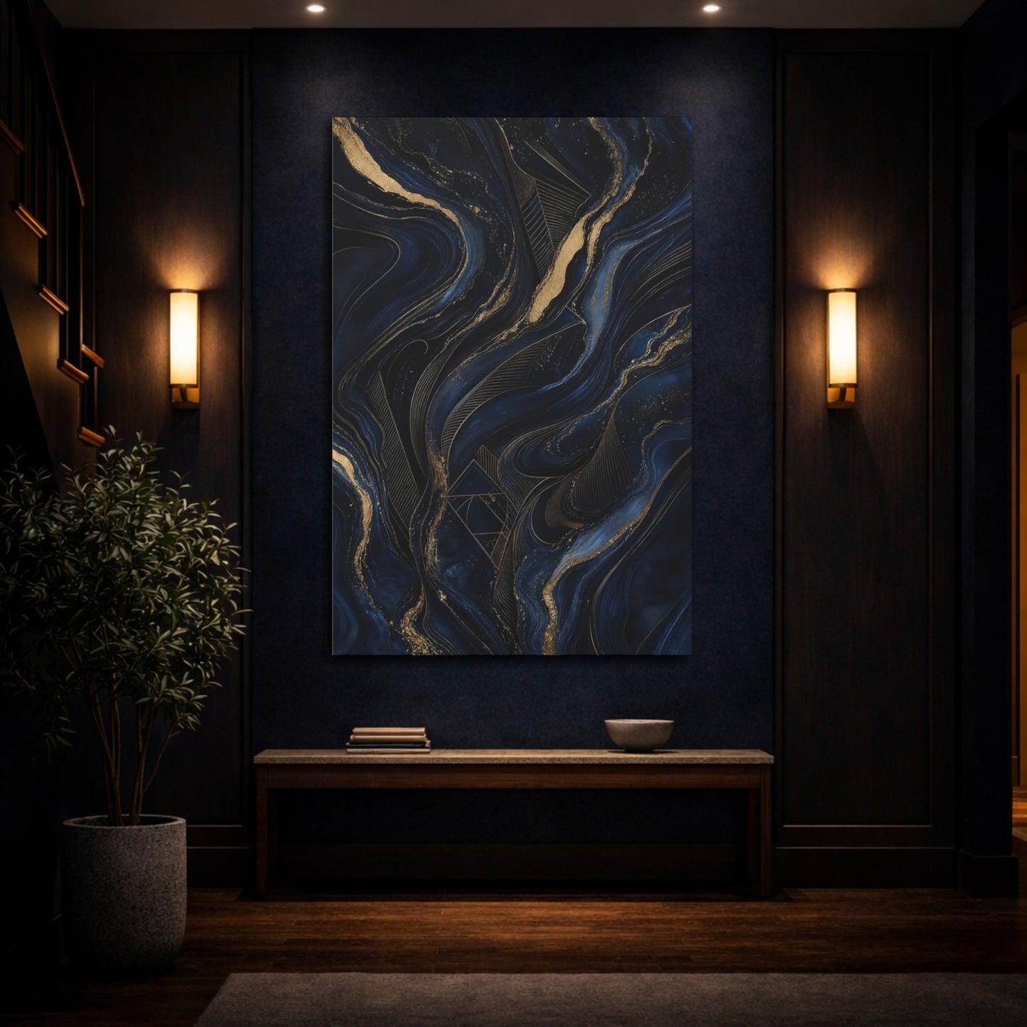 Abstract Flow Blue And Gold Canvas Wall Art Print – Living Room, Above Sofa - YesArtYes
