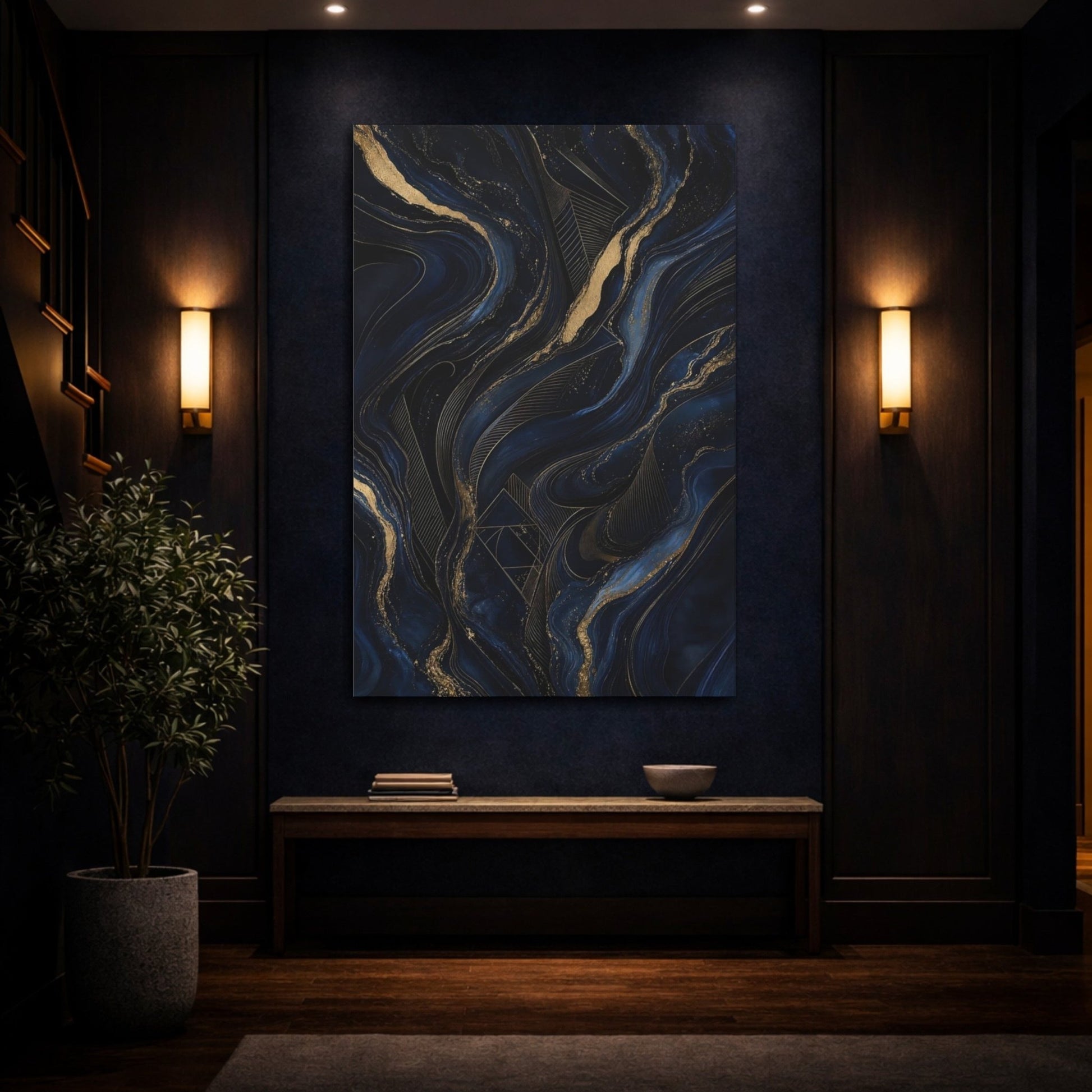 Abstract Flow Blue And Gold Canvas Wall Art Print – Living Room, Above Sofa - YesArtYes