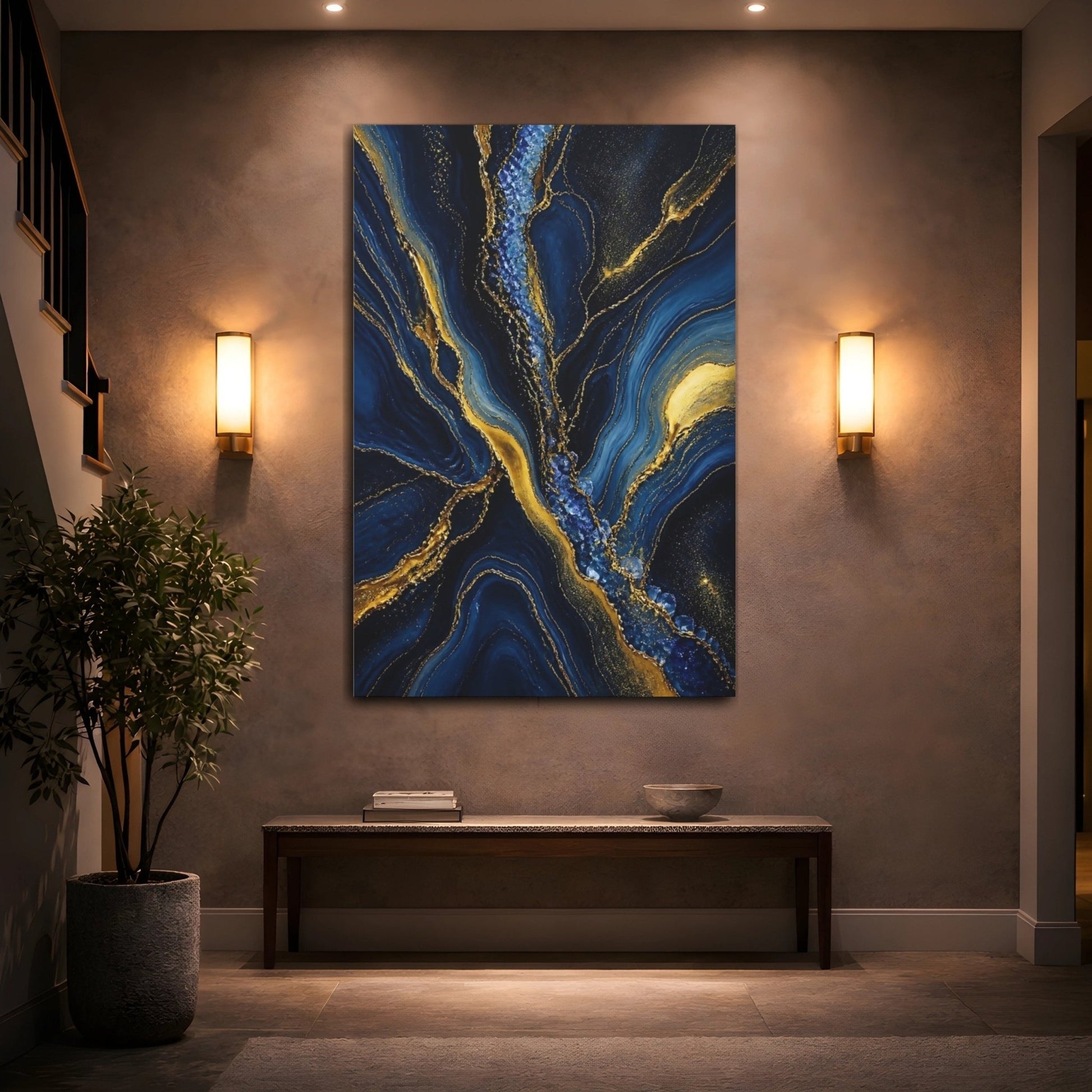 Abstract Flow Blue And Gold Canvas Wall Art Print – Living Room, Large - YesArtYes