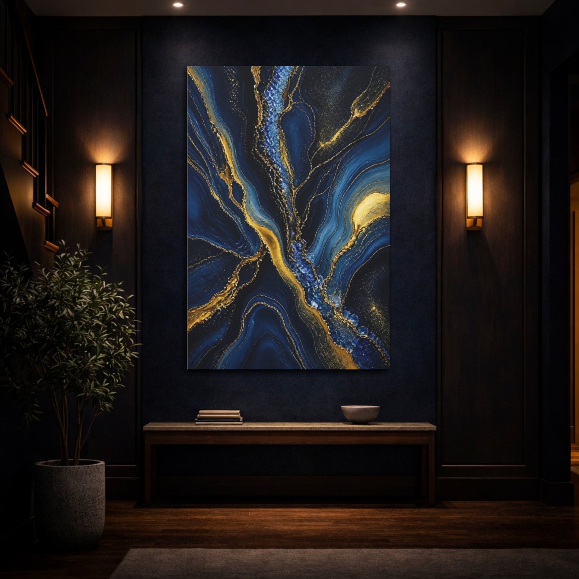 Abstract Flow Blue And Gold Canvas Wall Art Print – Living Room, Large - YesArtYes