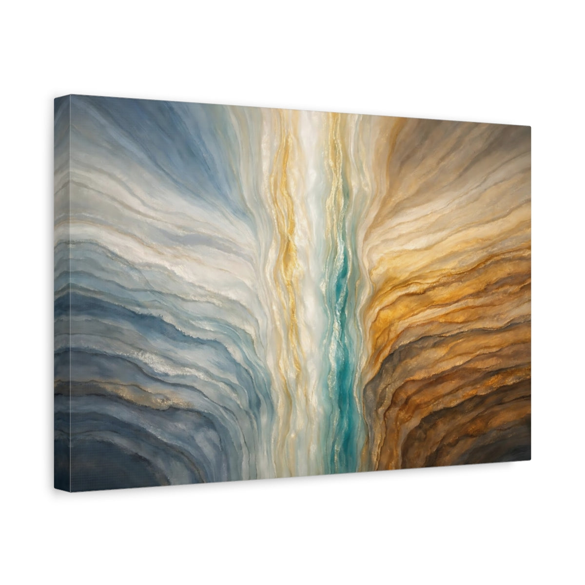Side Mockup 4. Abstract Abstract Flow Blue And Gold Abstract shown as stretched canvas wall art