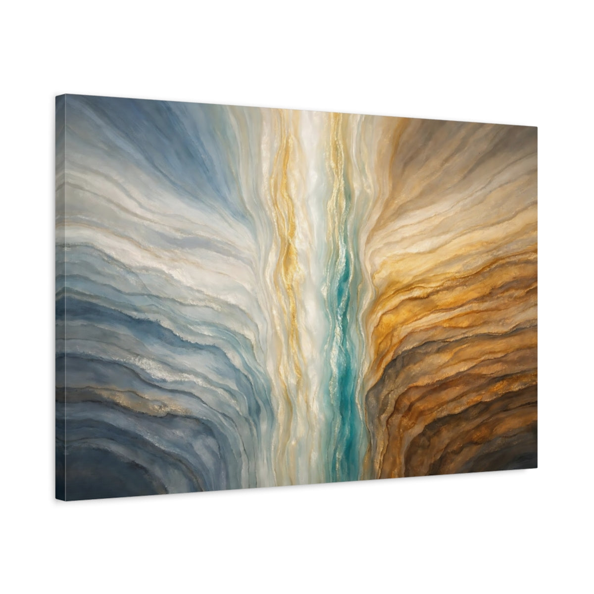 Side Mockup 2. Abstract Abstract Flow Blue And Gold Abstract shown as stretched canvas wall art