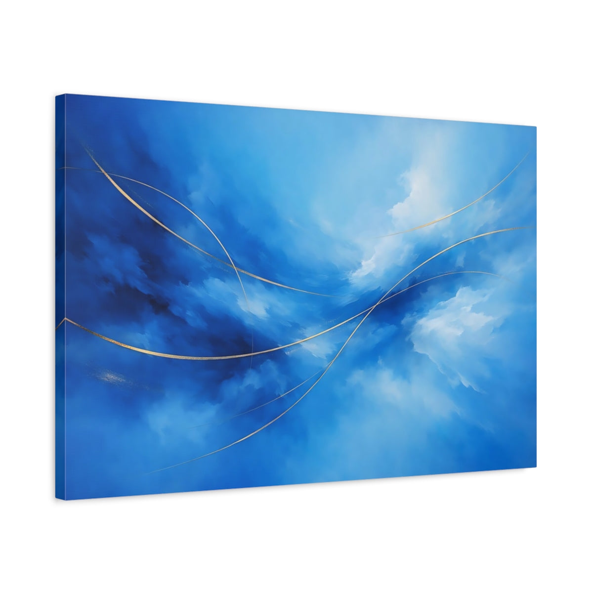 Side Mockup 2. Abstract Abstract Flow Blue And Gold shown as stretched canvas wall art
