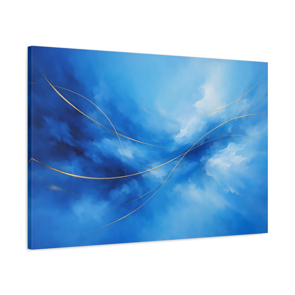 Side Mockup 1. Abstract Abstract Flow Blue And Gold shown as stretched canvas wall art
