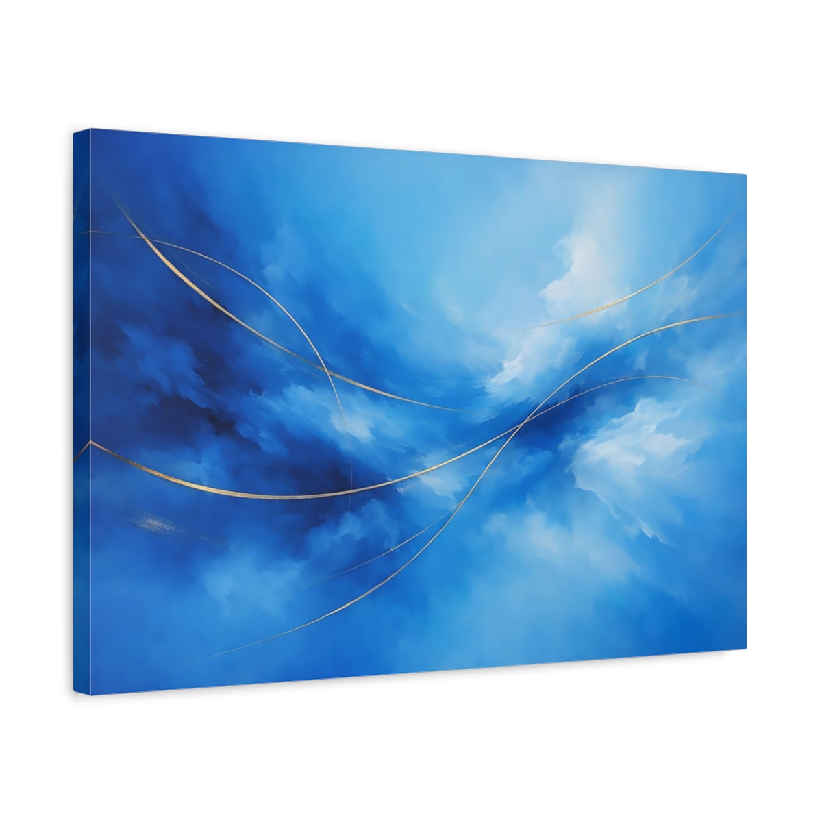 Side Mockup 3. Abstract Abstract Flow Blue And Gold shown as stretched canvas wall art