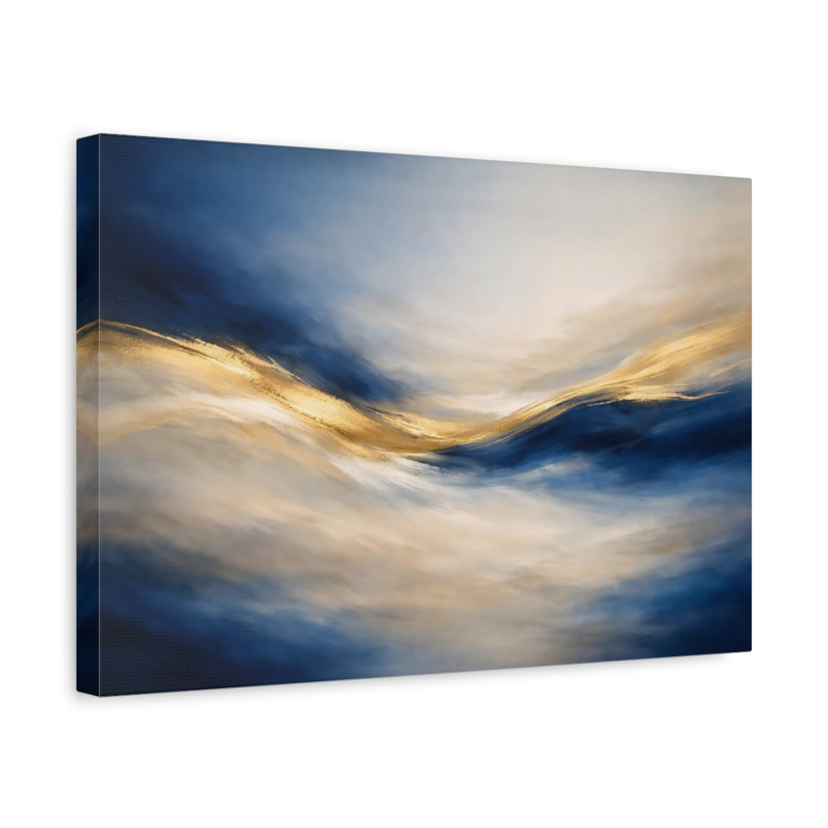 Side Mockup 4. Abstract Abstract Flow Blue And Gold shown as stretched canvas wall art