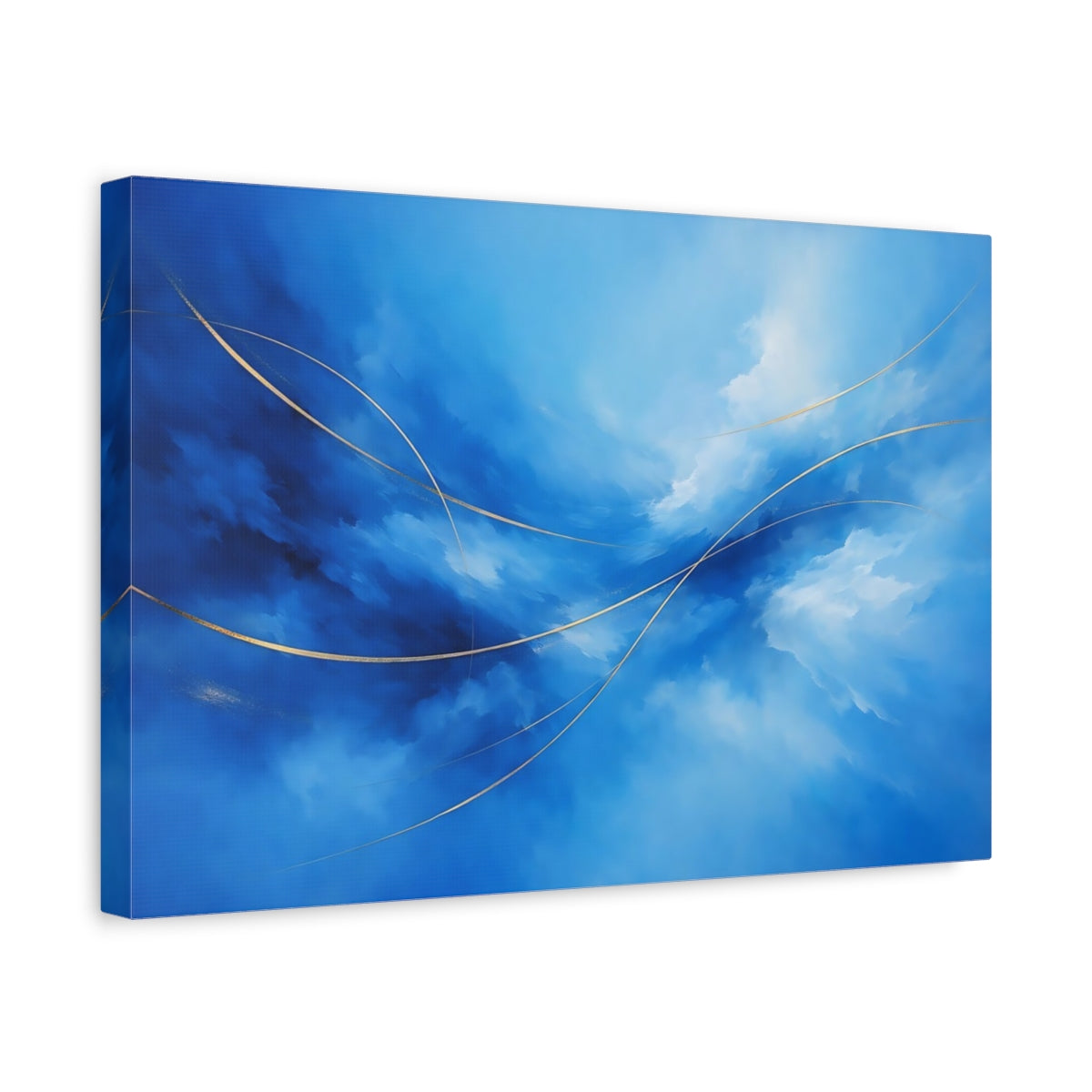 Side Mockup 4. Abstract Abstract Flow Blue And Gold shown as stretched canvas wall art