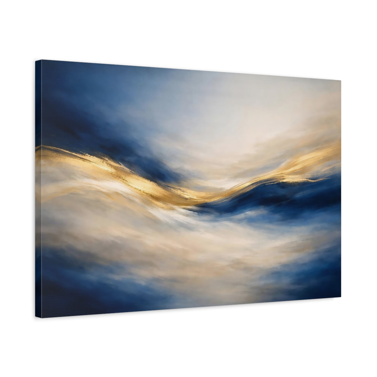 Side Mockup 2. Abstract Abstract Flow Blue And Gold shown as stretched canvas wall art