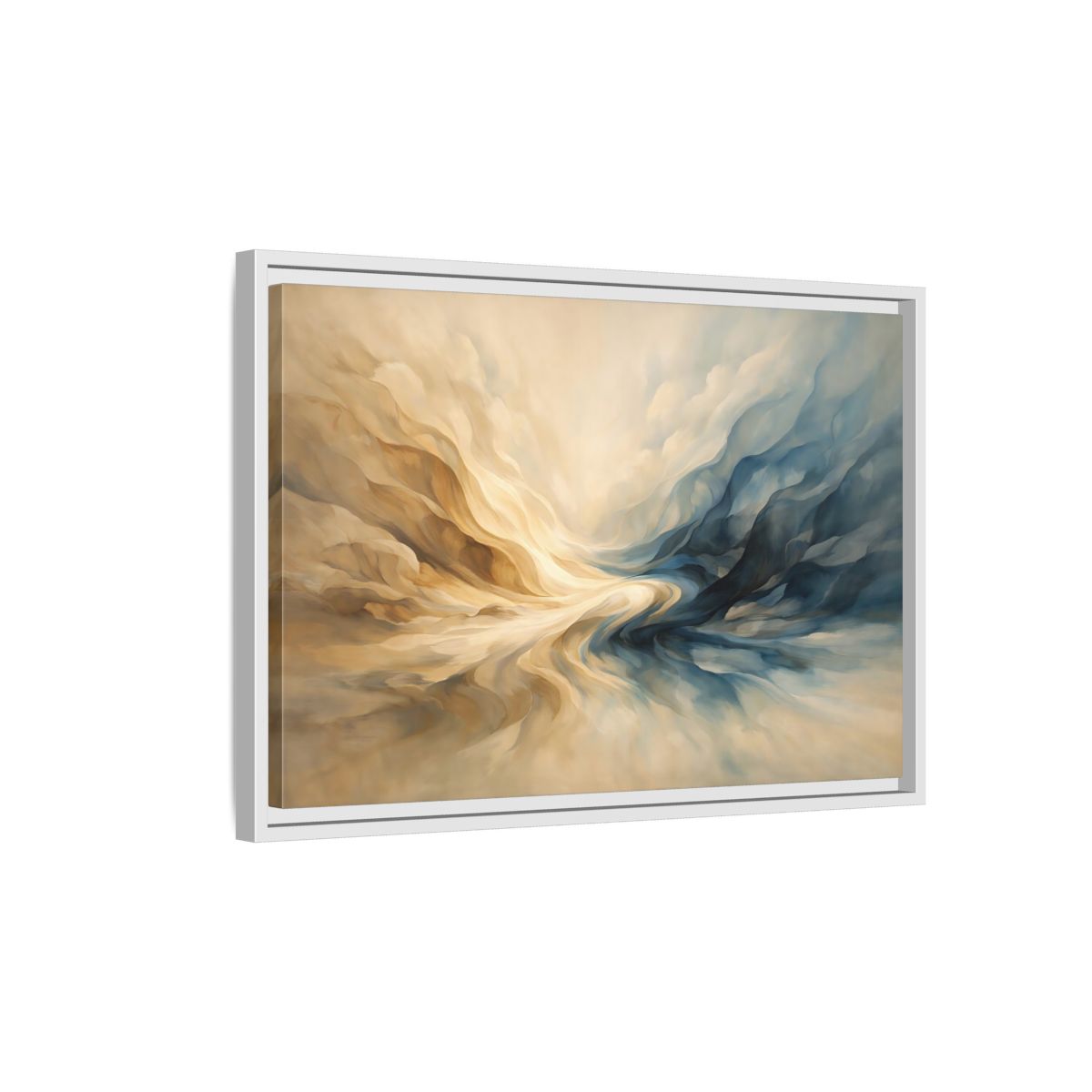 Side Mockup 1. Abstract Abstract Flow Blue And Gold Abstract shown as stretched canvas wall art