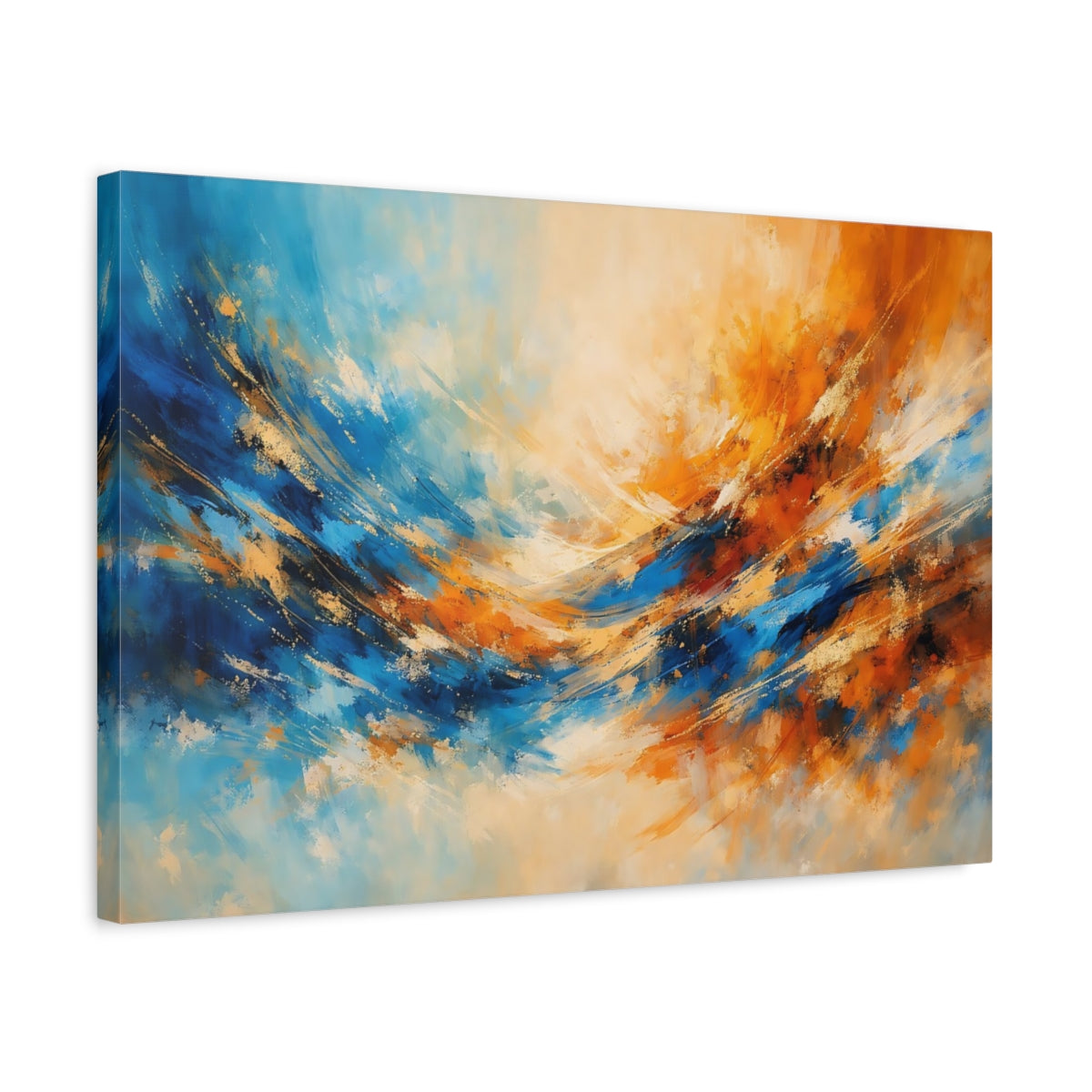 Side Mockup 3. Abstract Abstract Flow Blue And Orange Abstract shown as stretched canvas wall art