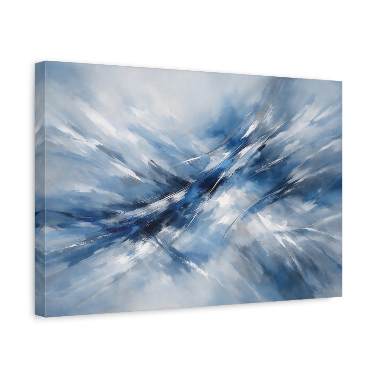 Side Mockup 4. Abstract Abstract Flow Blue And White Abstract shown as stretched canvas wall art