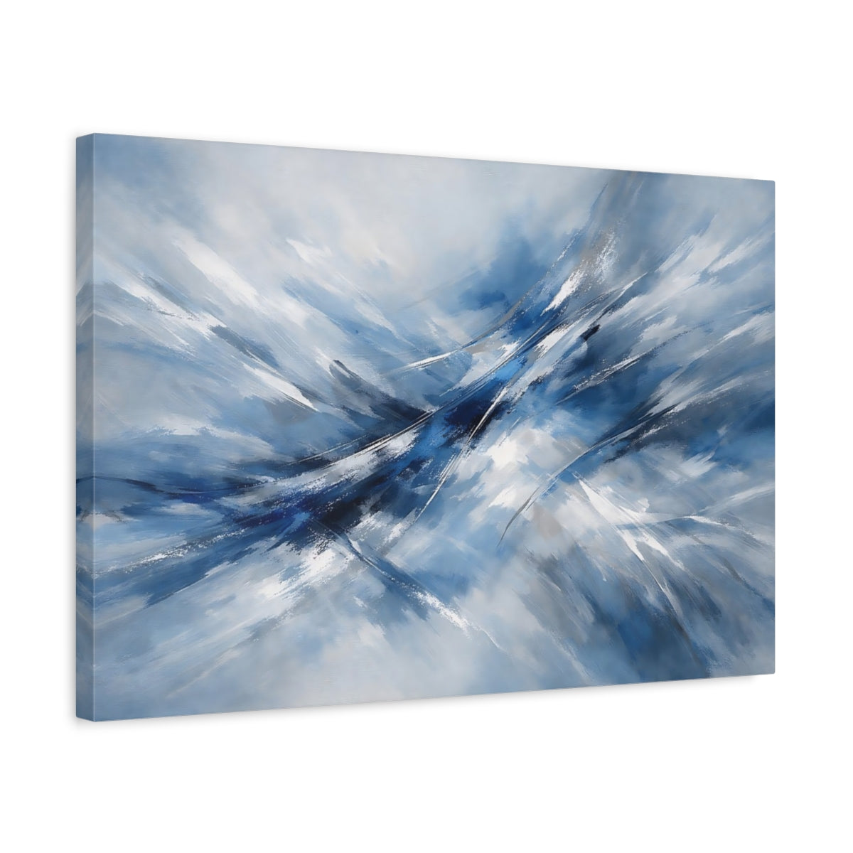 Side Mockup 3. Abstract Abstract Flow Blue And White Abstract shown as stretched canvas wall art