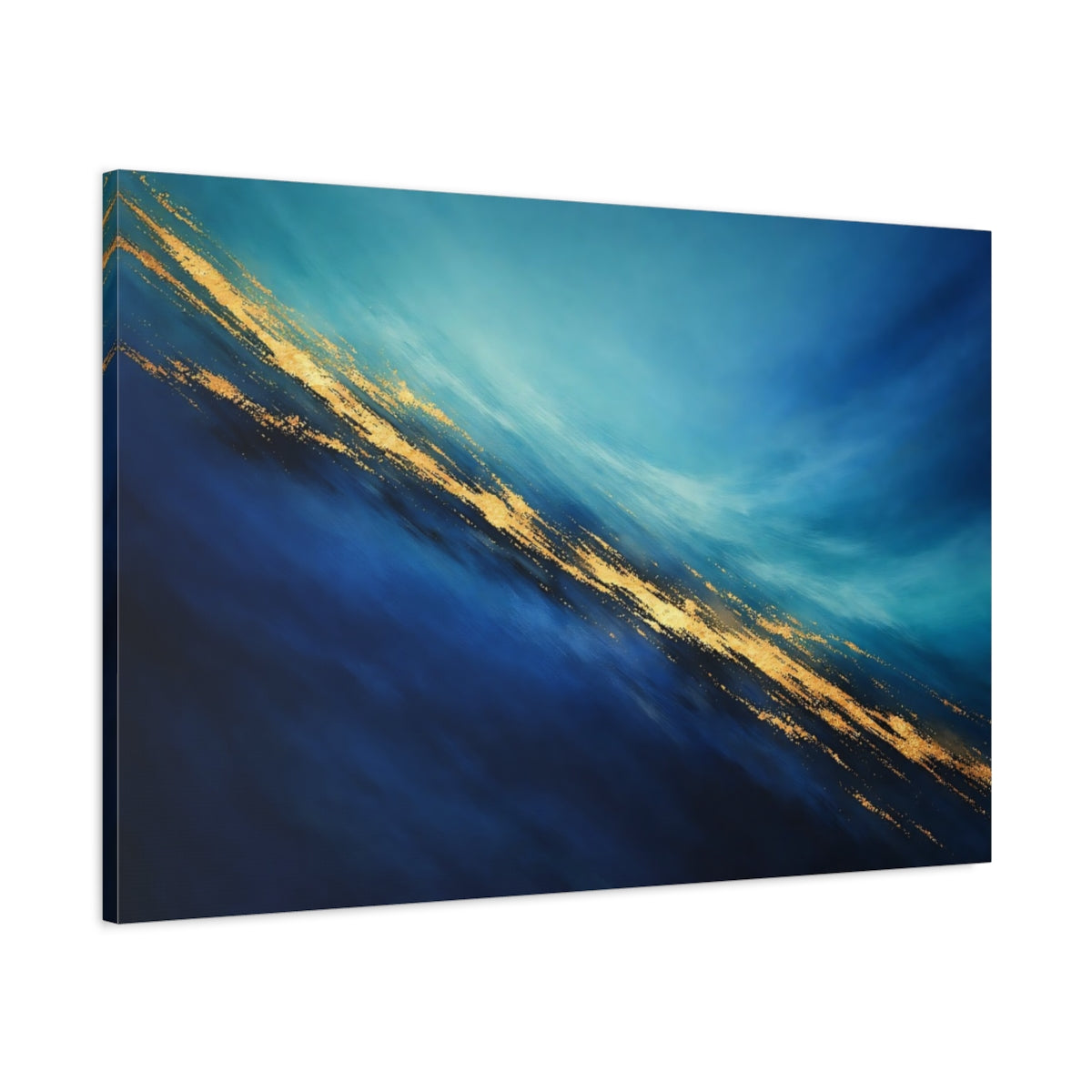 Side Mockup 1. Abstract Abstract Flow Blue Gold Abstract shown as stretched canvas wall art