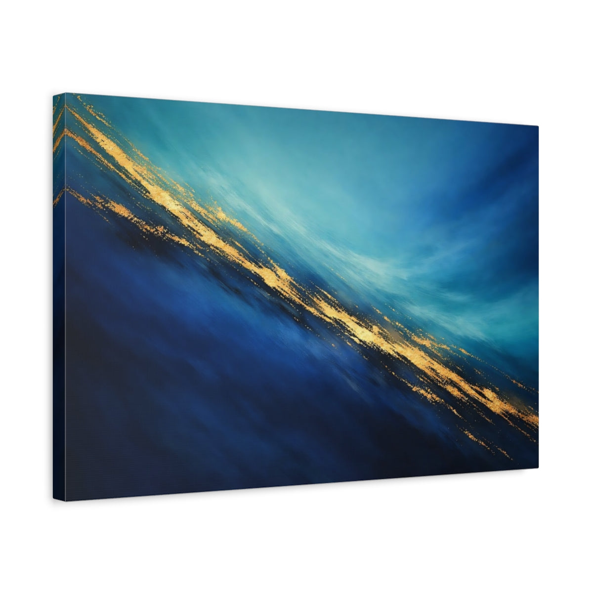 Side Mockup 3. Abstract Abstract Flow Blue Gold Abstract shown as stretched canvas wall art