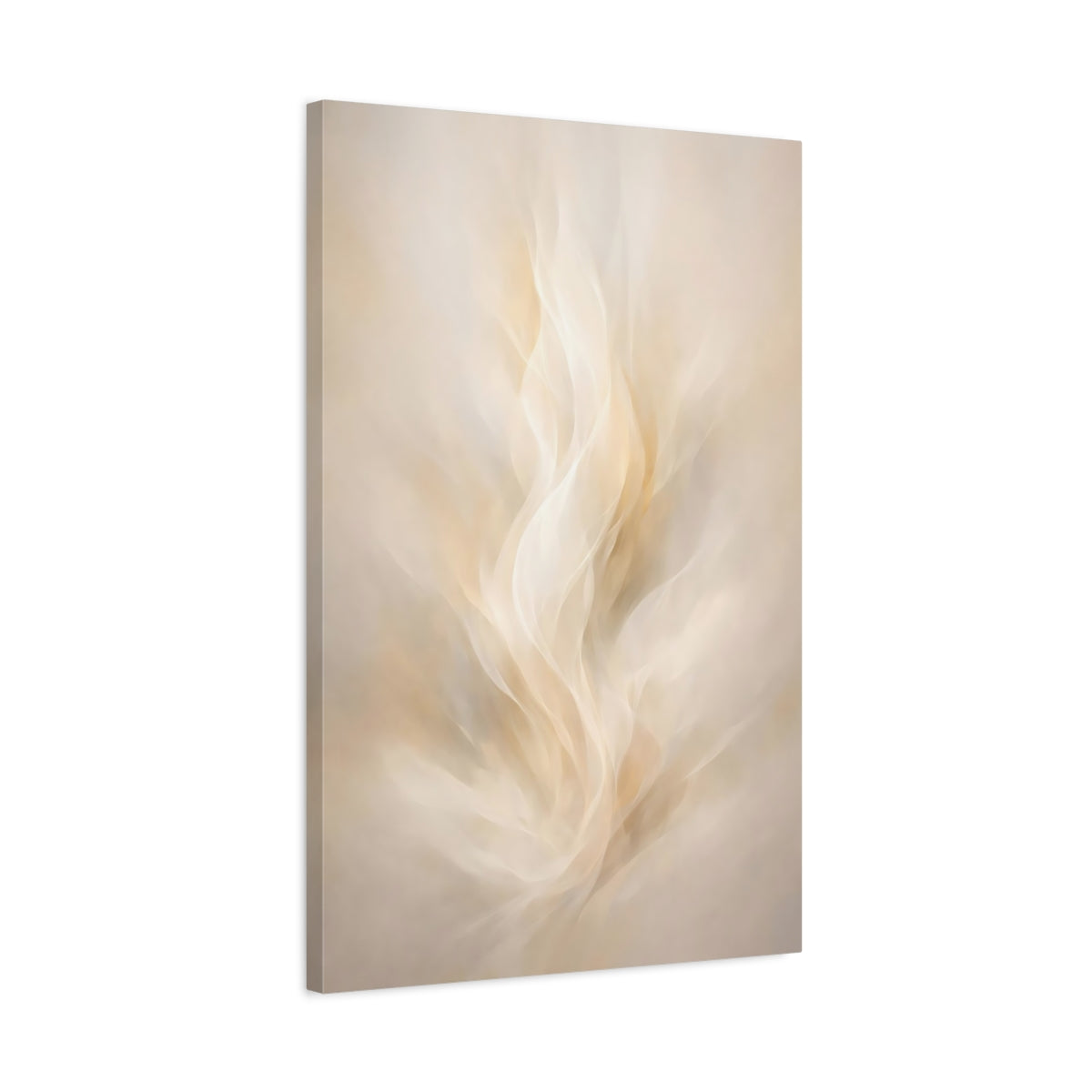 Side Mockup 2. Abstract Abstract Flow Cream And Gold shown as stretched canvas wall art