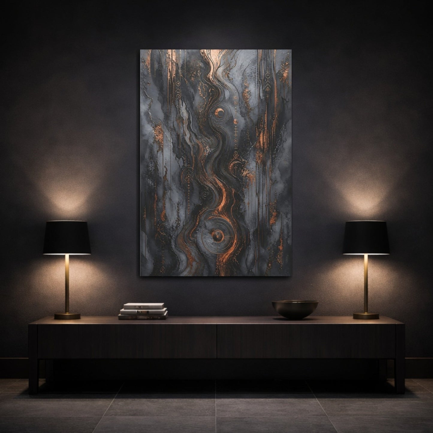 Abstract Flow Dark Grey Copper Canvas Print – Modern Decor for Living Room, Above Sofa - YesArtYes