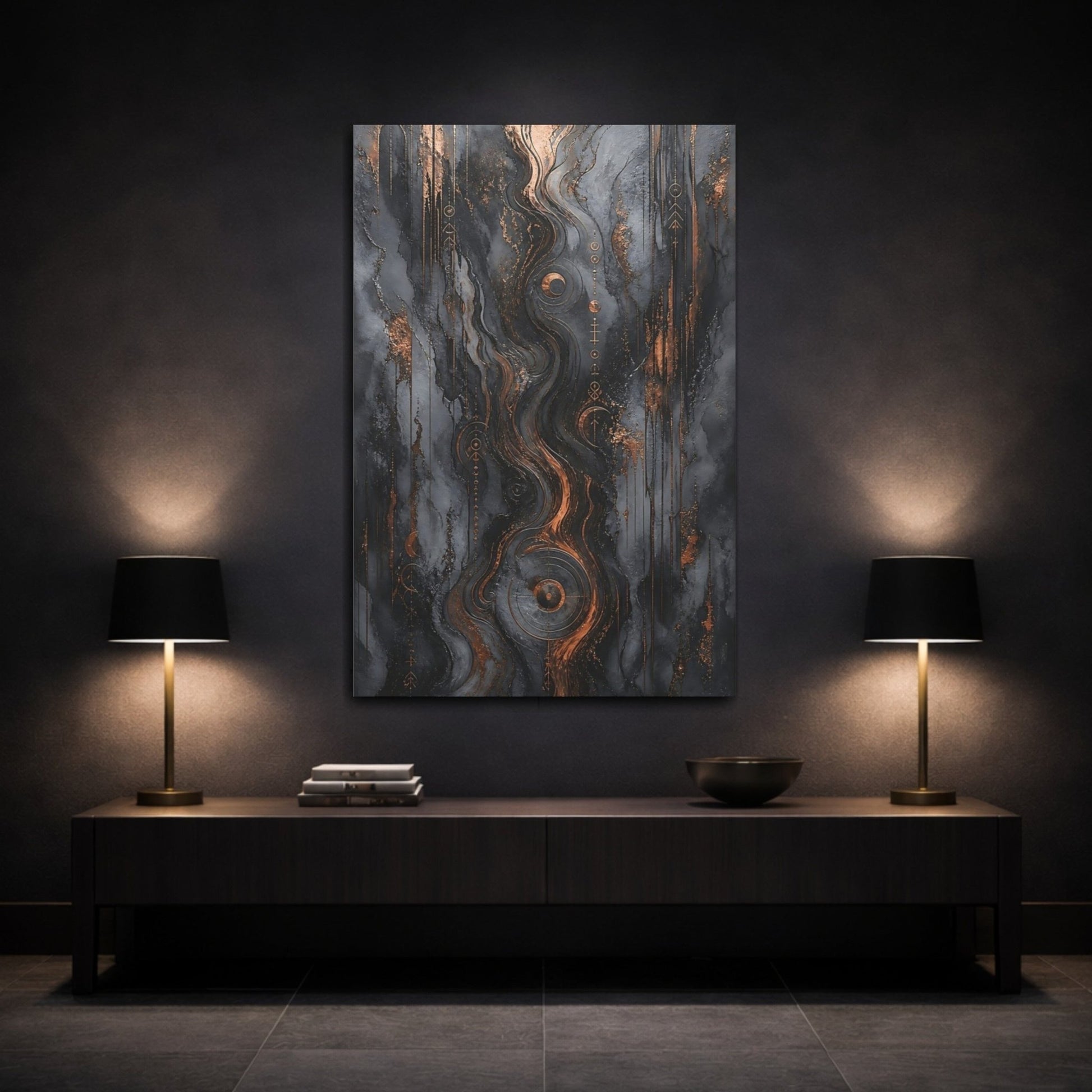 Abstract Flow Dark Grey Copper Canvas Print – Modern Decor for Living Room, Above Sofa - YesArtYes