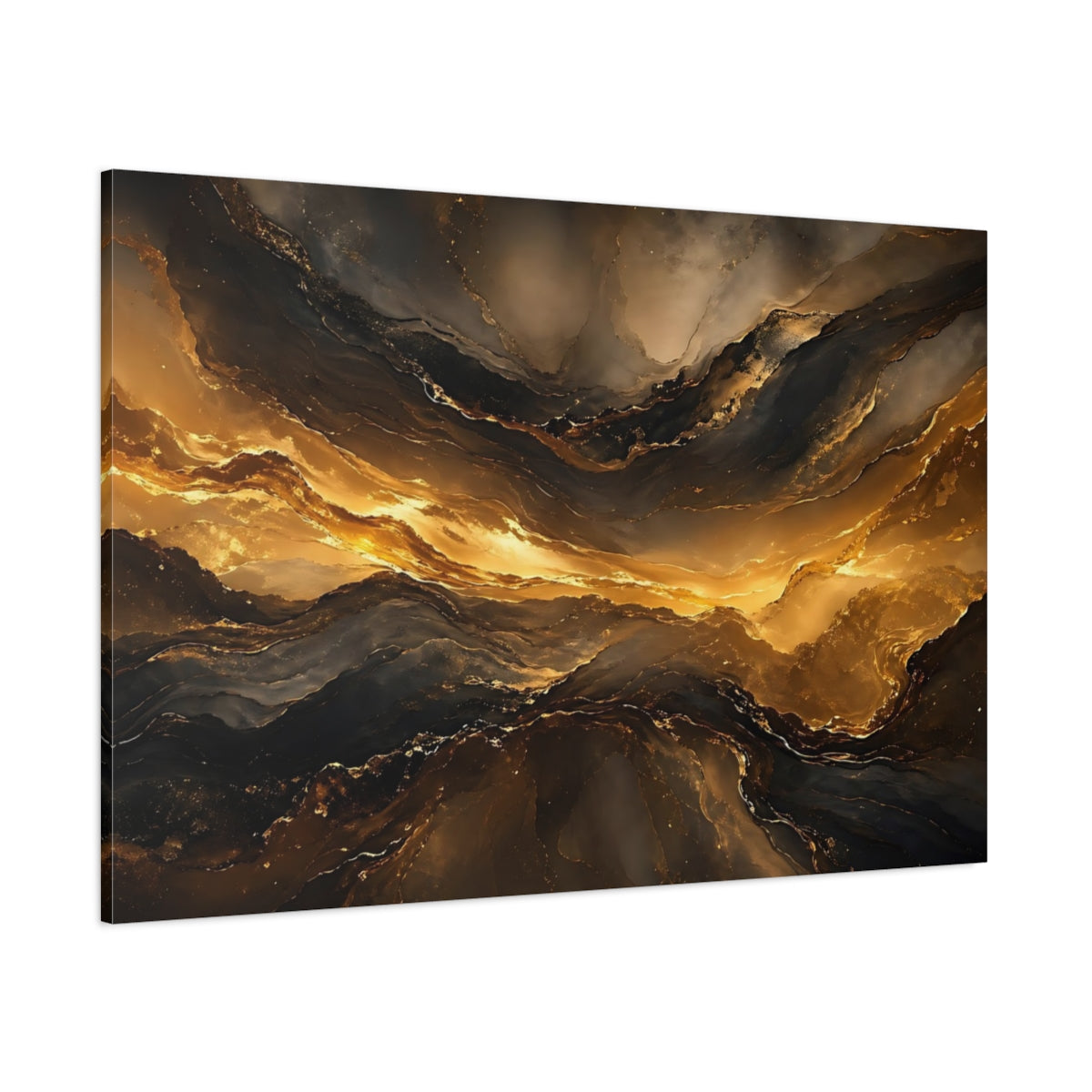 Side Mockup 1. Abstract Abstract Flow Gold And Black shown as stretched canvas wall art