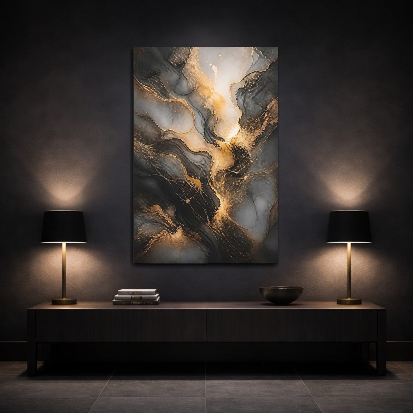 Abstract Flow Gold And Black Canvas Wall Art Print – Living Room Decor, Large - YesArtYes