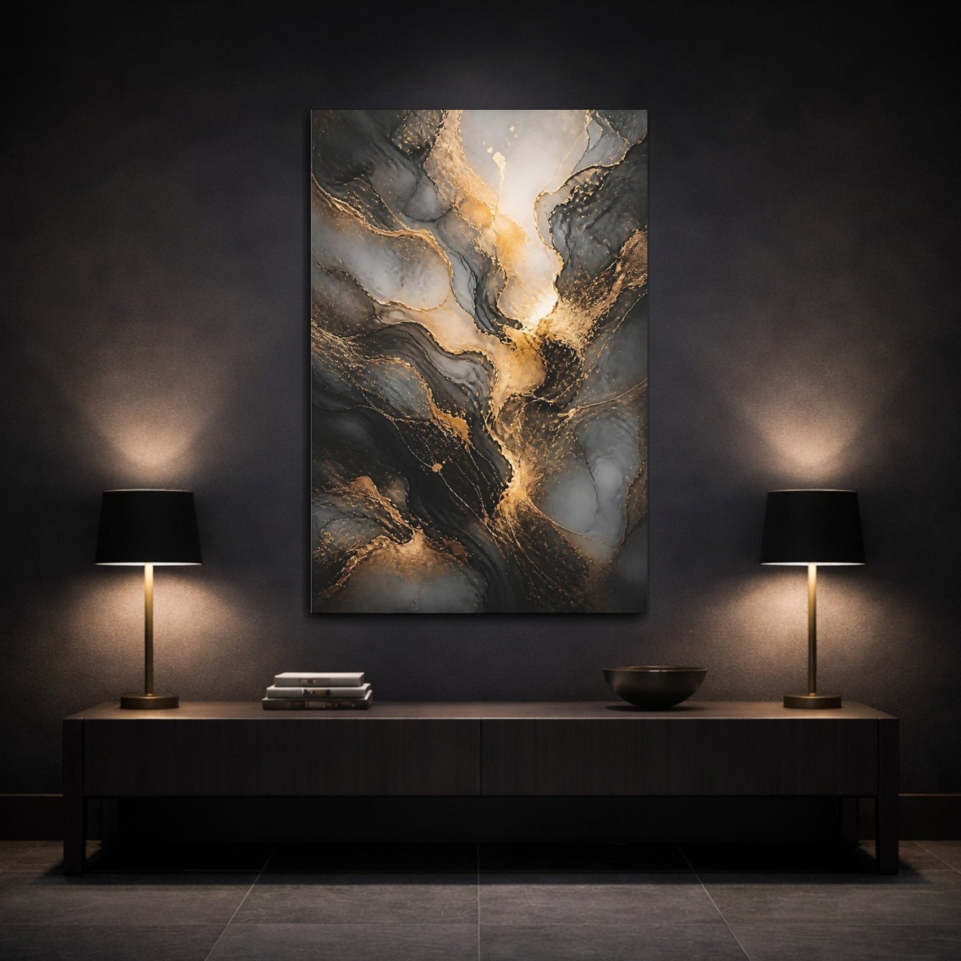 Abstract Flow Gold And Black Canvas Wall Art Print – Living Room Decor, Large - YesArtYes