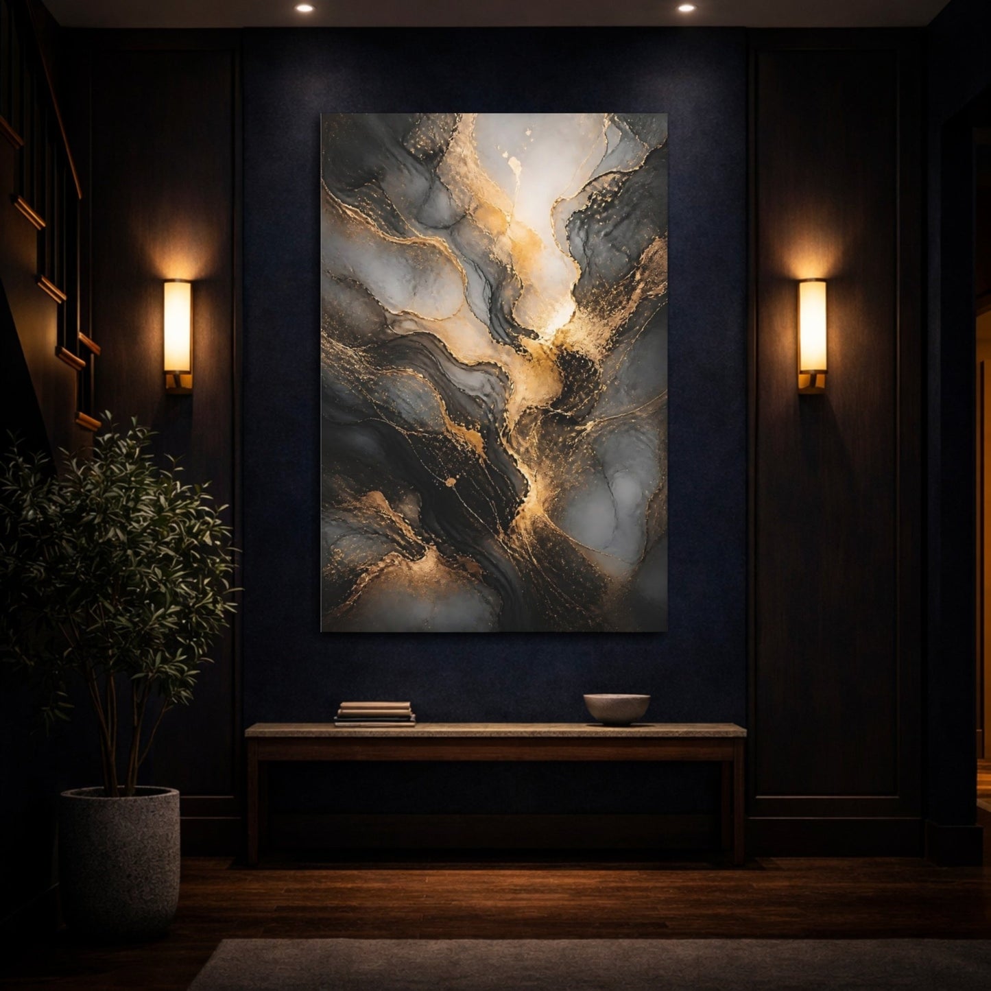Abstract Flow Gold And Black Canvas Wall Art Print – Living Room Decor, Large - YesArtYes