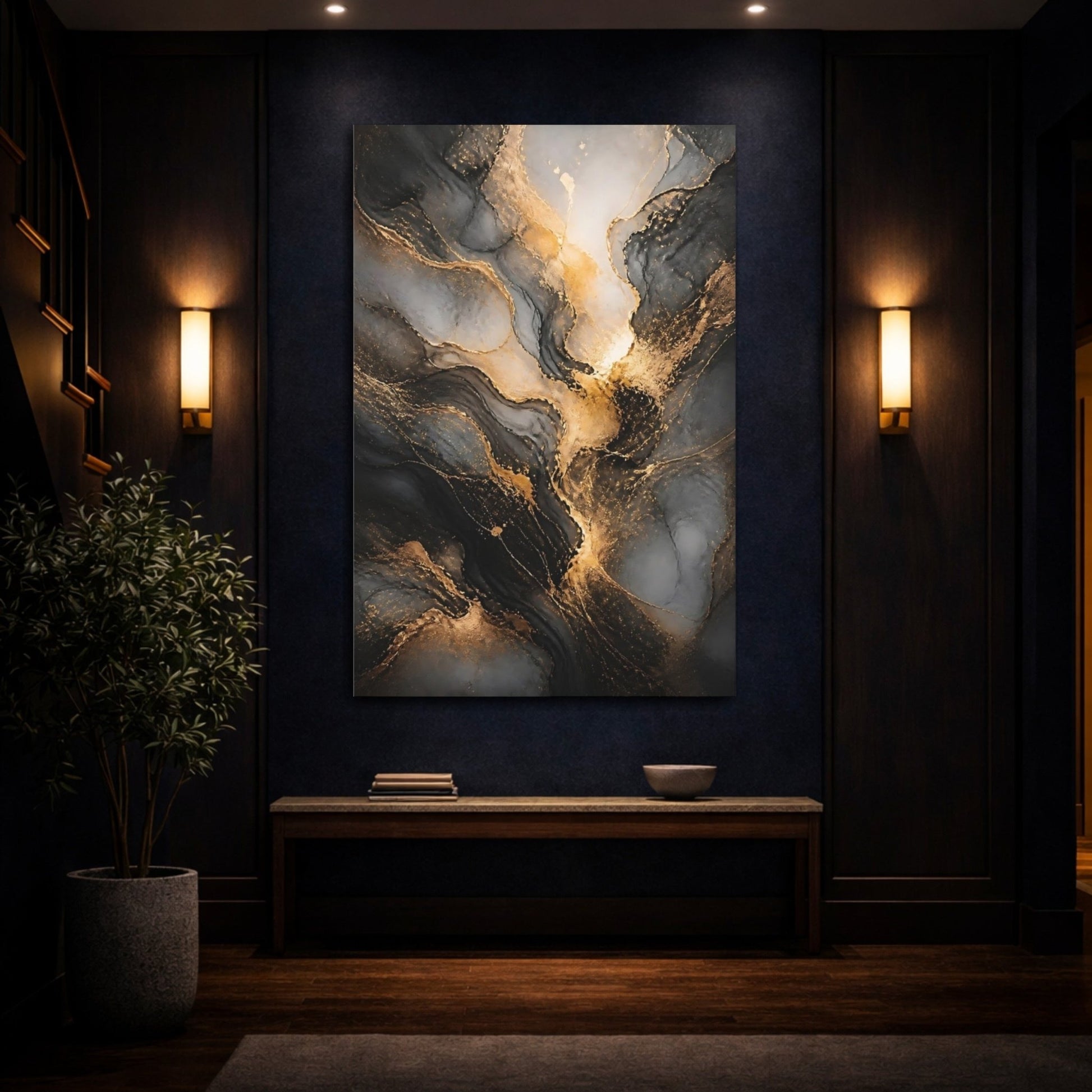 Abstract Flow Gold And Black Canvas Wall Art Print – Living Room Decor, Large - YesArtYes