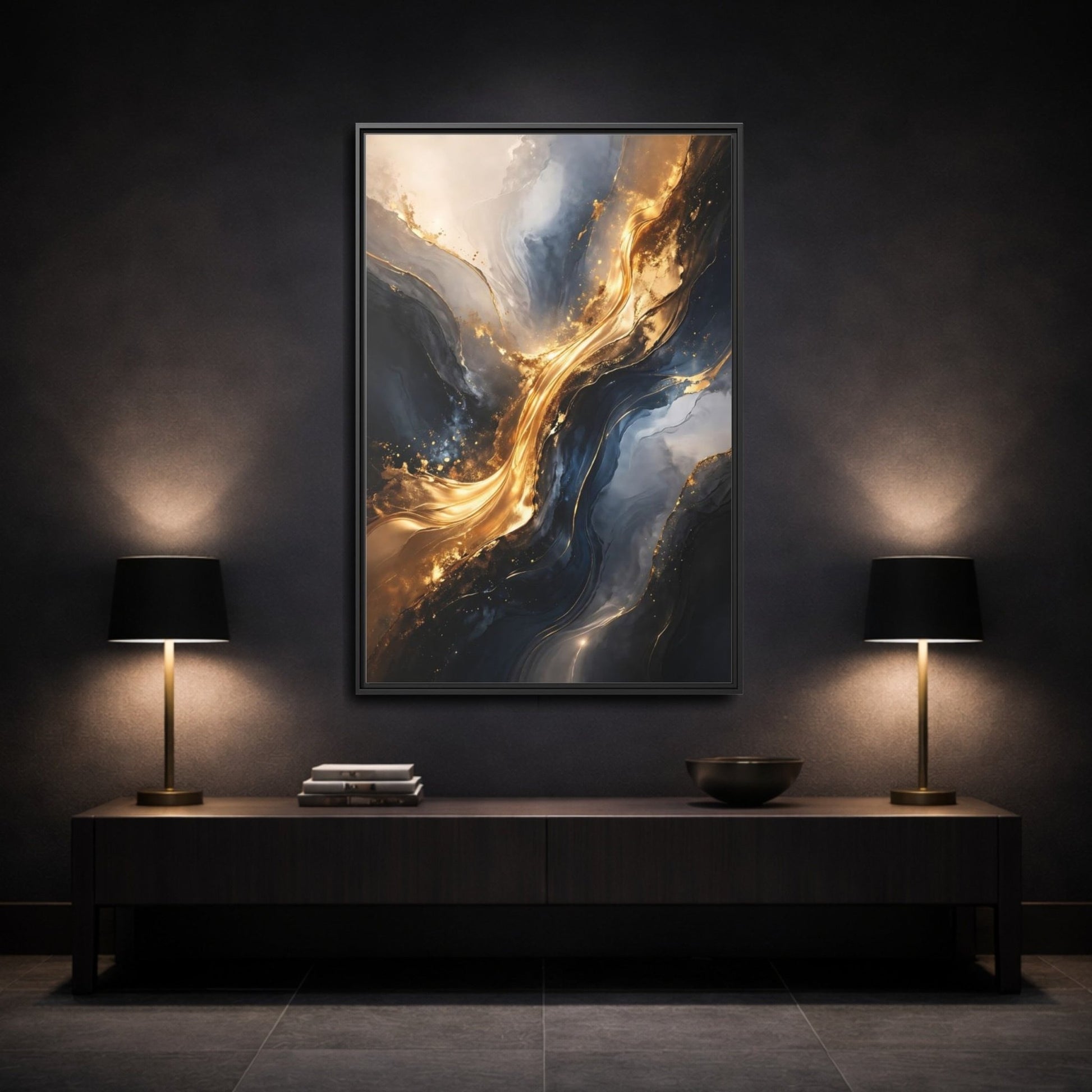Abstract Flow Gold And - Framed Canvas Wall Art Print - YesArtYes