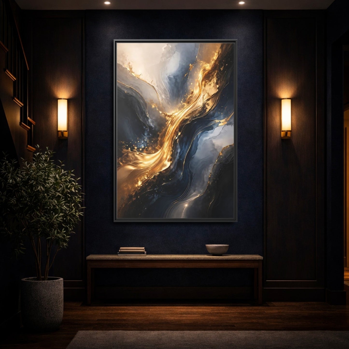 Abstract Flow Gold And - Framed Canvas Wall Art Print - YesArtYes