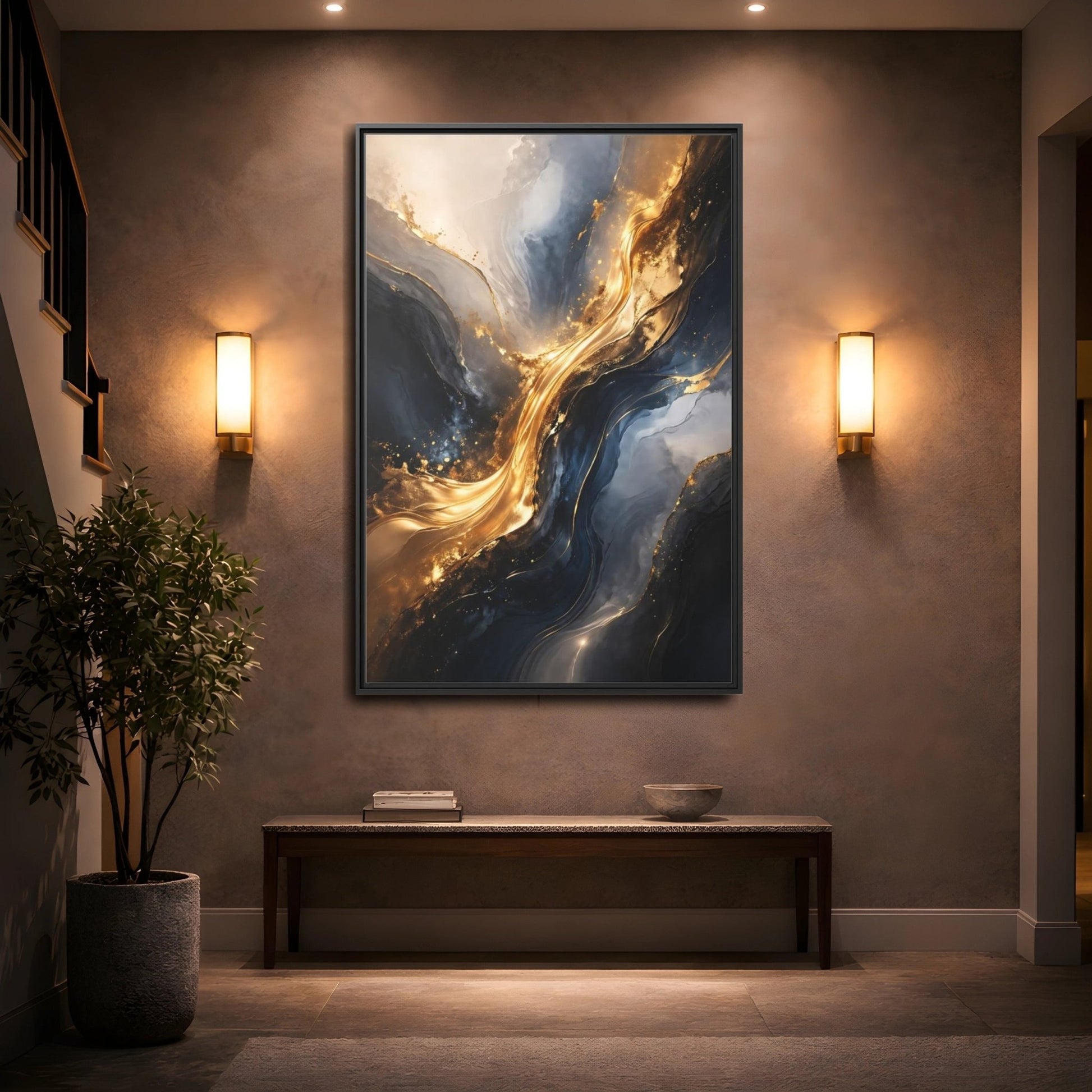 Abstract Flow Gold And - Framed Canvas Wall Art Print - YesArtYes