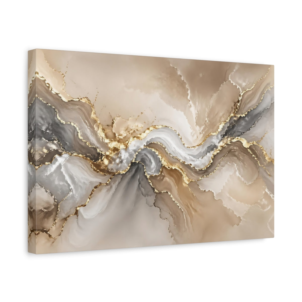 Side Mockup 4. Abstract Abstract Flow Gold And Gray Abstract shown as stretched canvas wall art