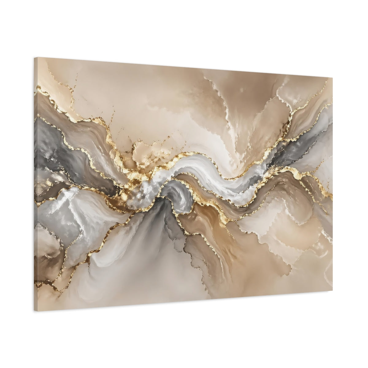 Side Mockup 1. Abstract Abstract Flow Gold And Gray Abstract shown as stretched canvas wall art