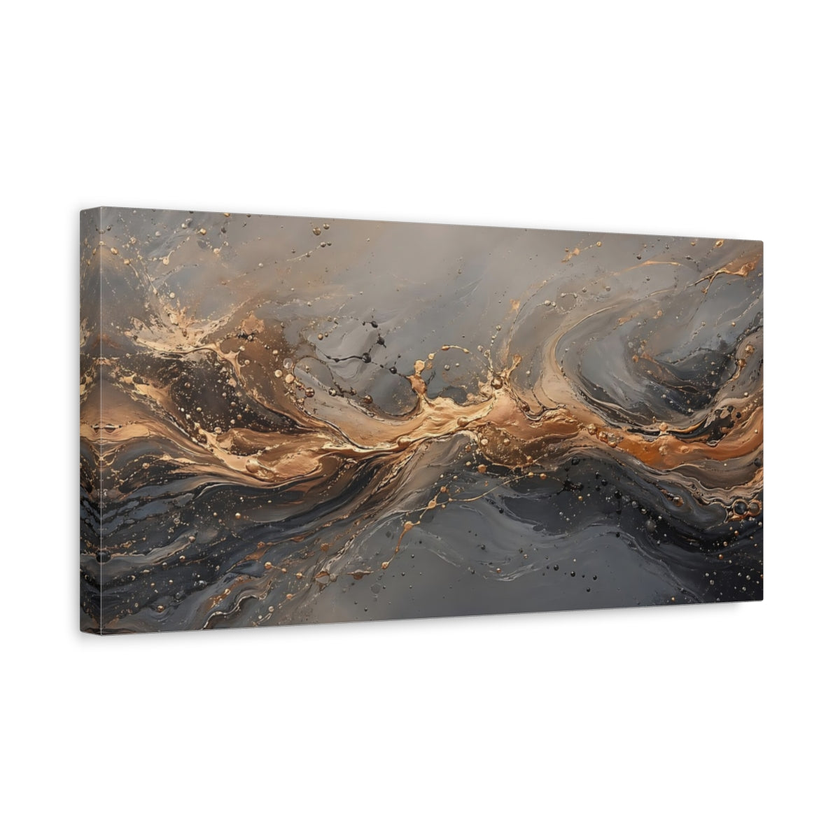 Side Mockup 3. Abstract Abstract Flow Gold And Gray shown as stretched canvas wall art