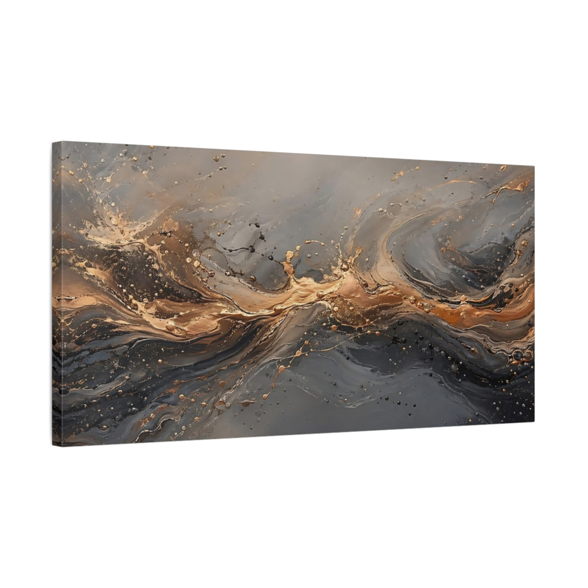 Side Mockup 1. Abstract Abstract Flow Gold And Gray shown as stretched canvas wall art