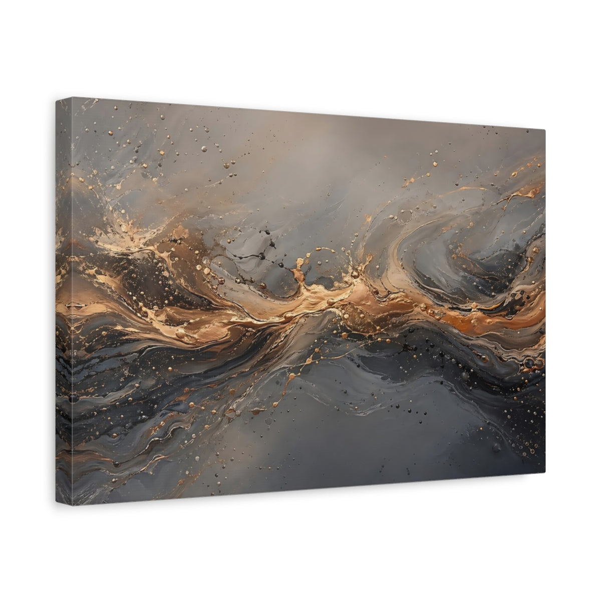 Side Mockup 4. Abstract Abstract Flow Gold And Gray shown as stretched canvas wall art