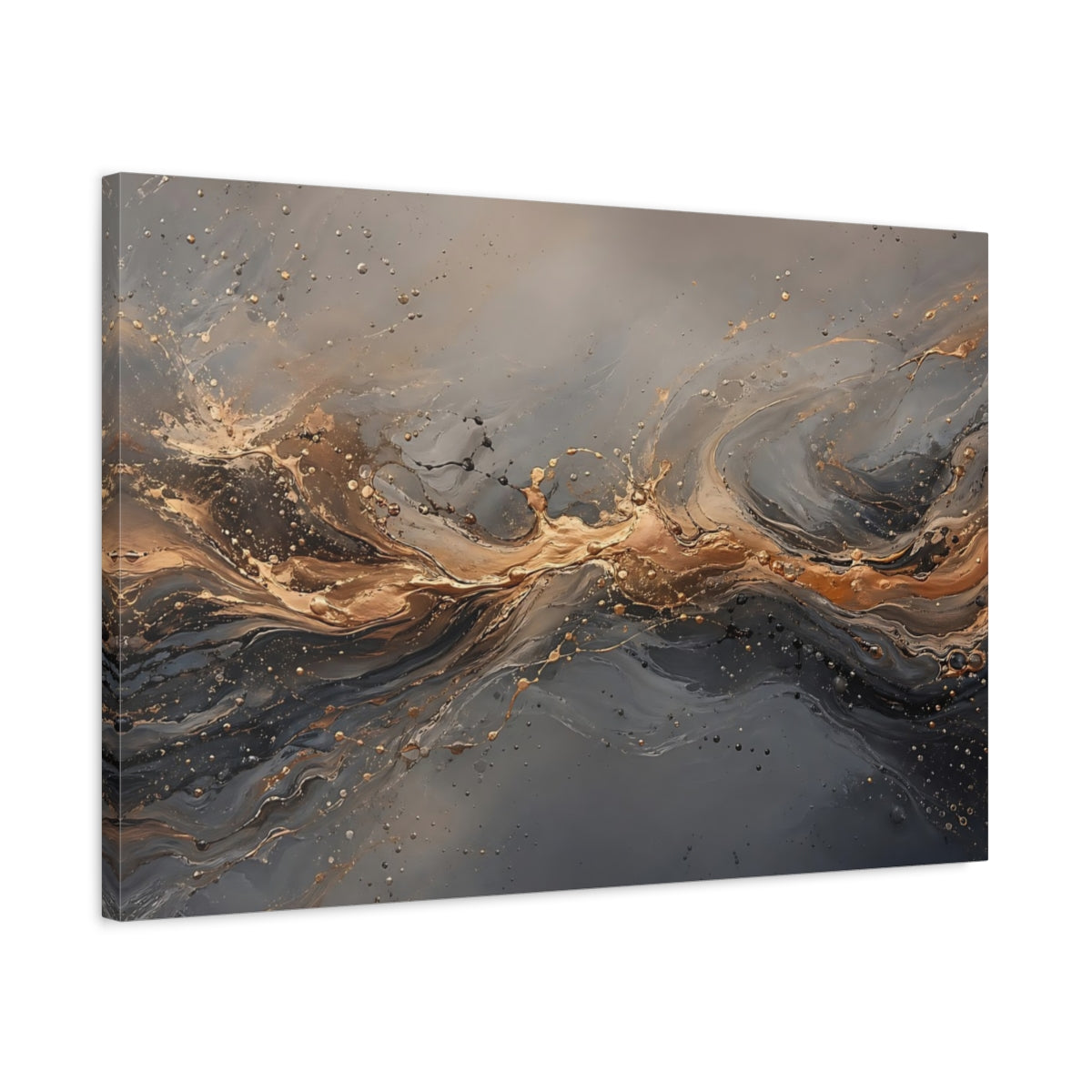Side Mockup 2. Abstract Abstract Flow Gold And Gray shown as stretched canvas wall art