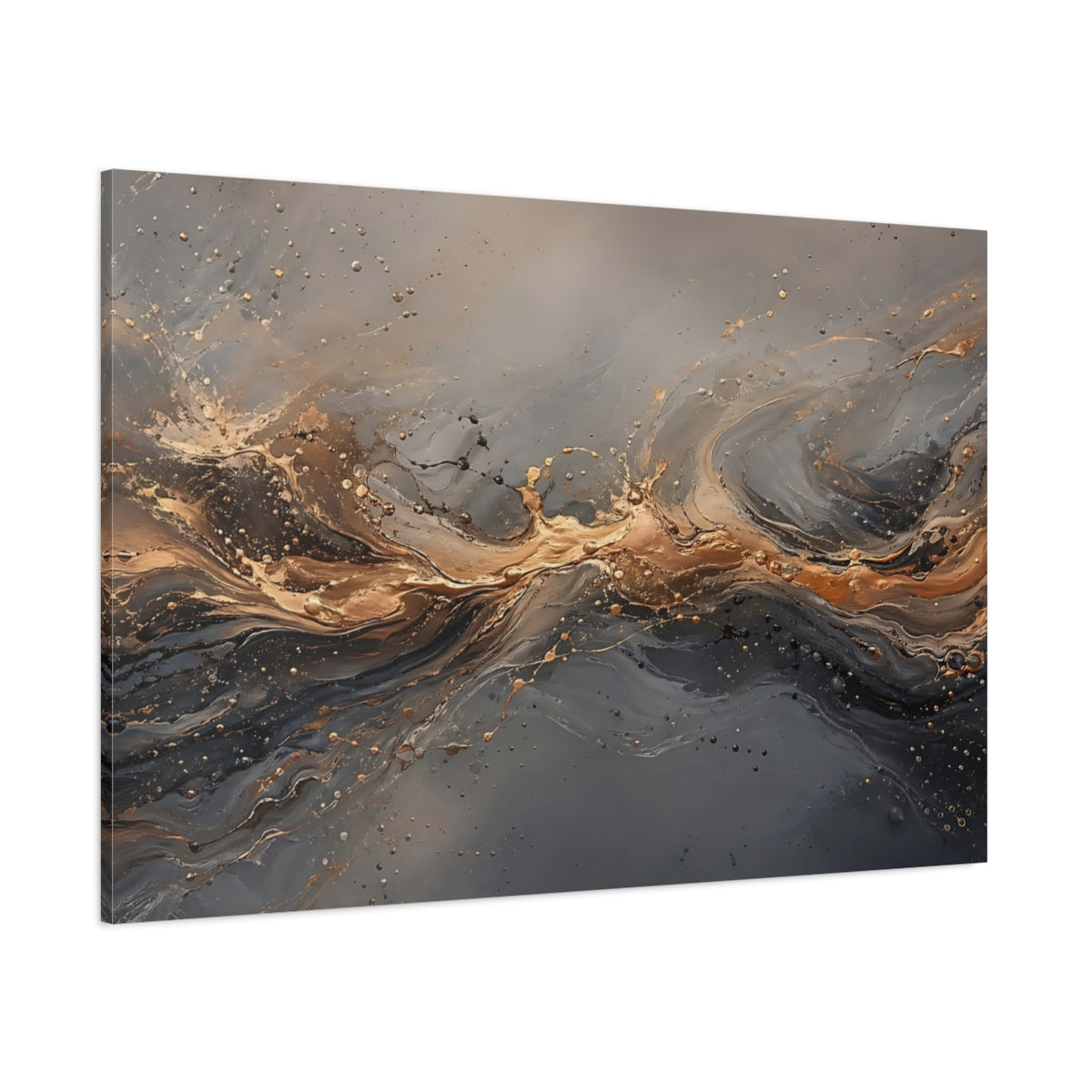 Side Mockup 1. Abstract Abstract Flow Gold And Gray shown as stretched canvas wall art